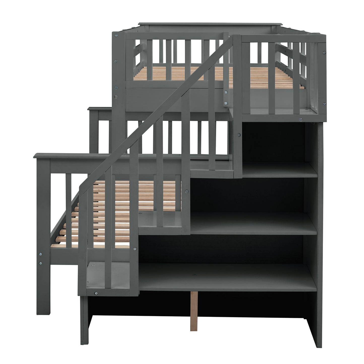 Gray Twin-Over-Full Bunk Bed with Staircase Storage and Safety Rail