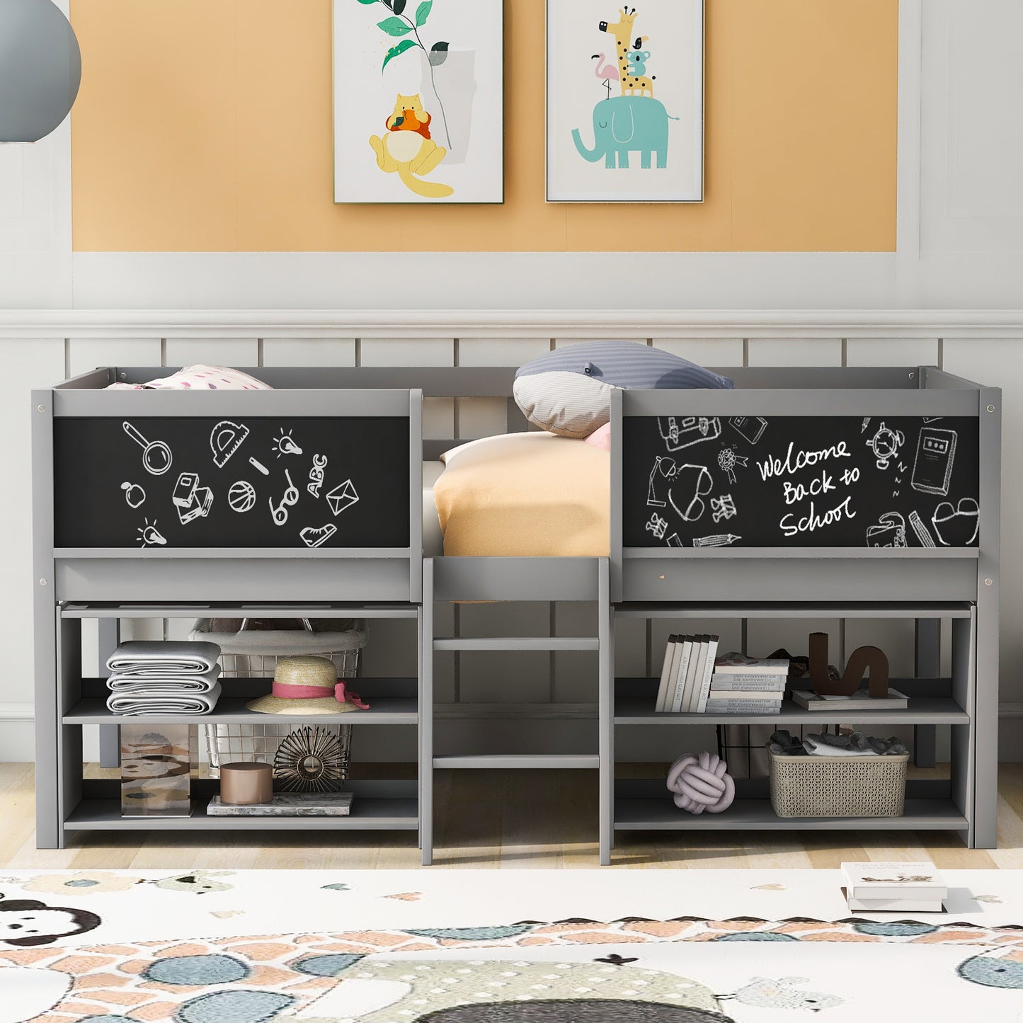 Twin Size Low Loft Bed with Two Movable Shelves and Ladder,with Decorative Guardrail Chalkboard,Gray(: WF283286AAE)