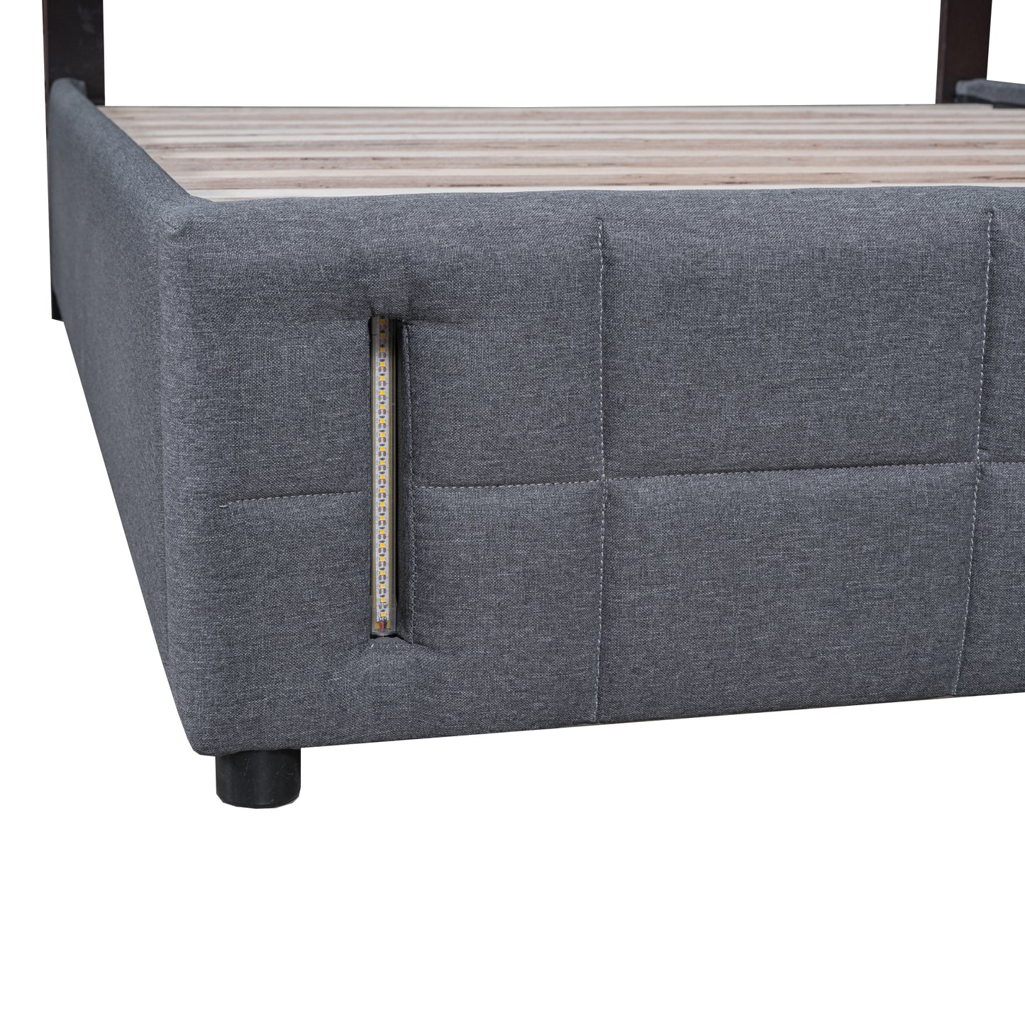 Queen Size Upholstered Bed with Hydraulic Storage System and LED Light, Gray