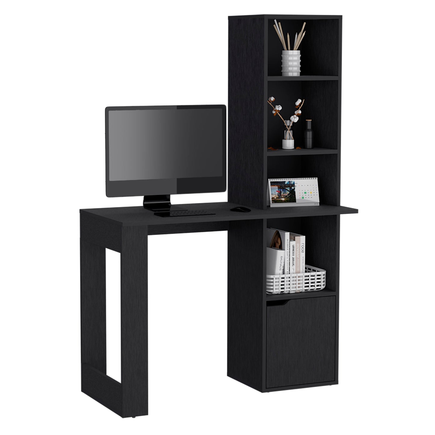 Elegant Black Wengue Office Desk with Bookcase and Lower Cabinet