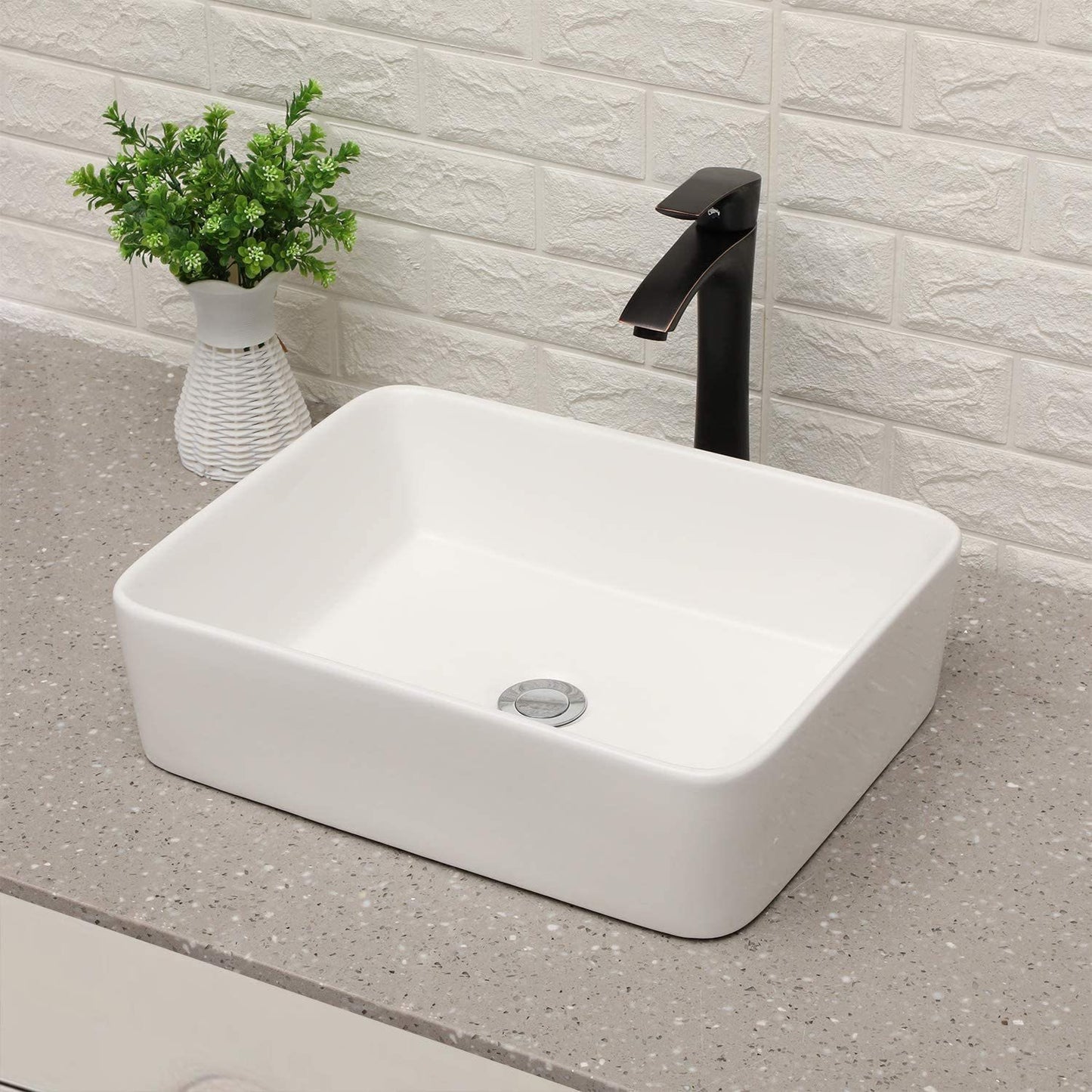 19"x15" Rectangle Bathroom Sink and Faucet Combo Modern Above White Porcelain Ceramic Vessel Vanity Sink Art Basin& Oil Rubber Bronze Single Lever Faucet Combo