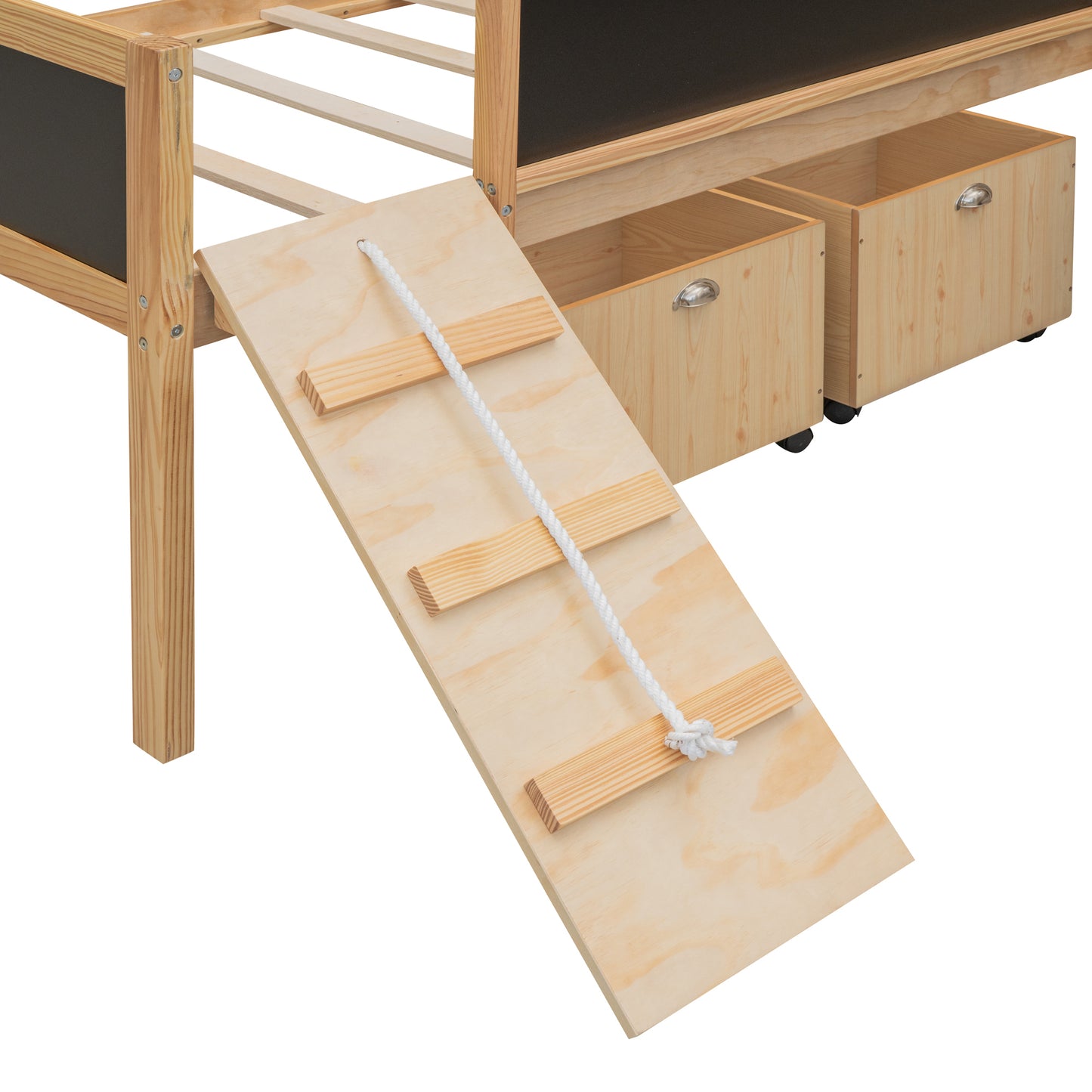 Twin size Loft Bed Wood Bed with Two Storage Boxes - Natrual