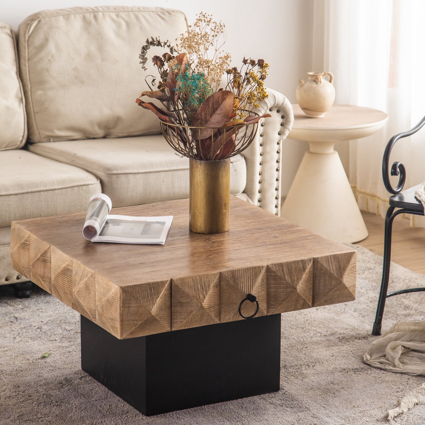 Square Vintage Coffee Table with 3D Embossed Pattern, Drawers, and Solid Wood Base