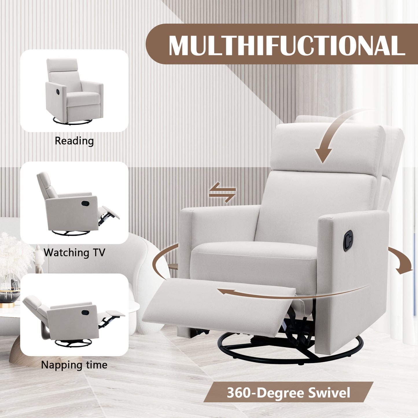 Swivel Reclining Nursery Chair with Modern Beige Upholstery