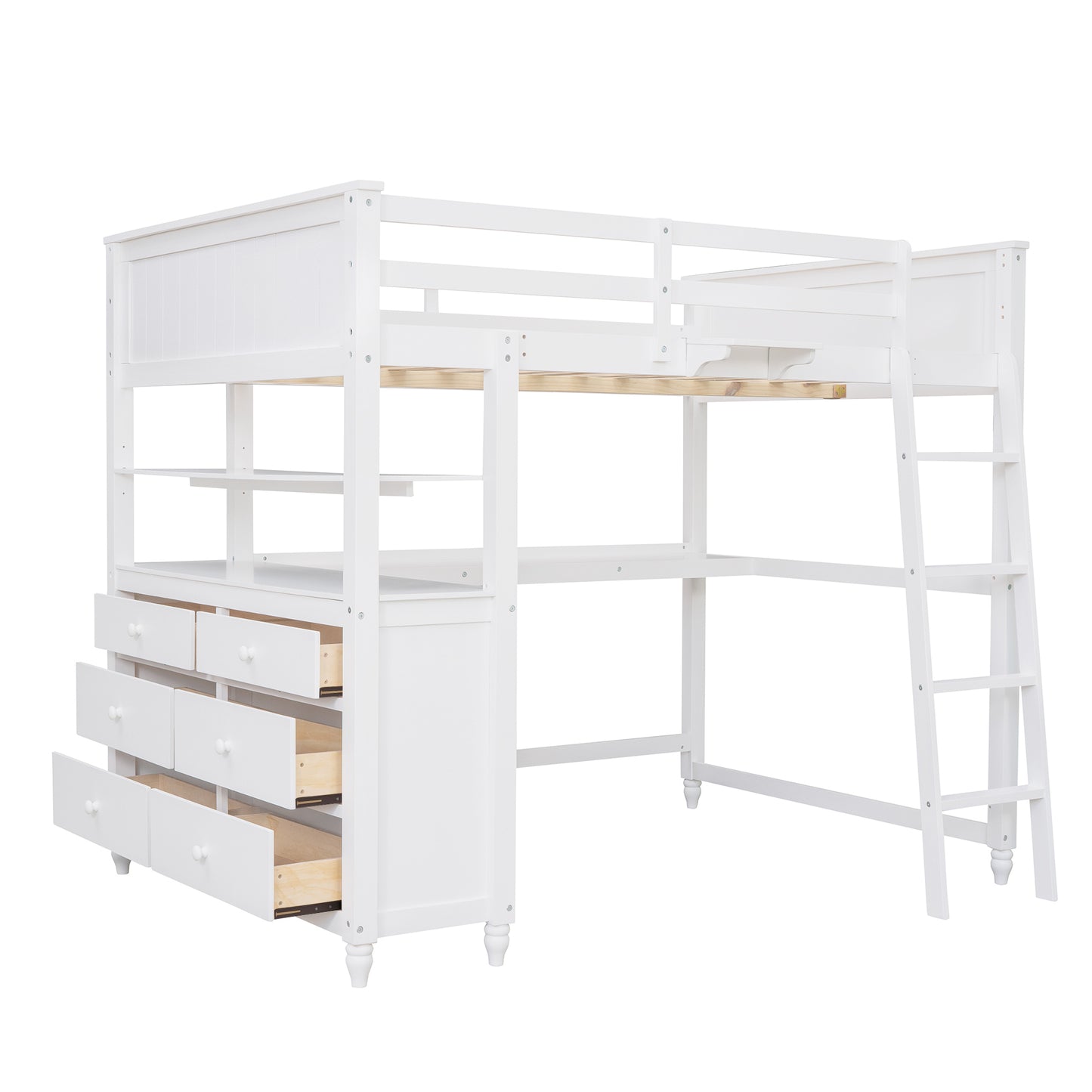 Full size Loft Bed with Drawers and Desk, Wooden Loft Bed with Shelves - White