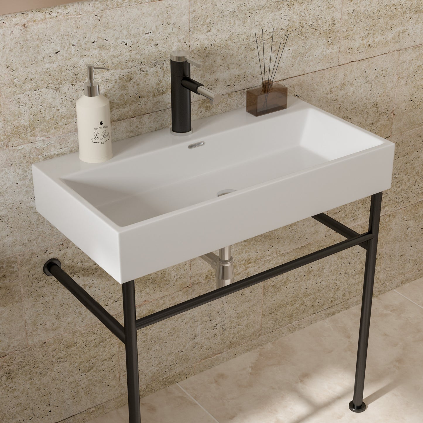 30" Bathroom Console Sink with Overflow,Ceramic Console Sink White Basin Black Legs