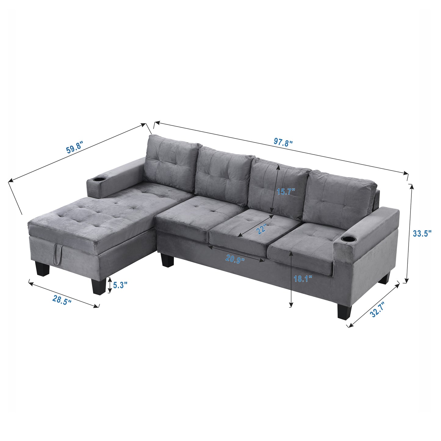 Sectional Sofa Set for Living Room with L Shape  Chaise Lounge ,cup holder and  Left  Hand with Storage Chaise  Modern 4 Seat (Grey) 
-LEFT CHAISE WITH STORAGE