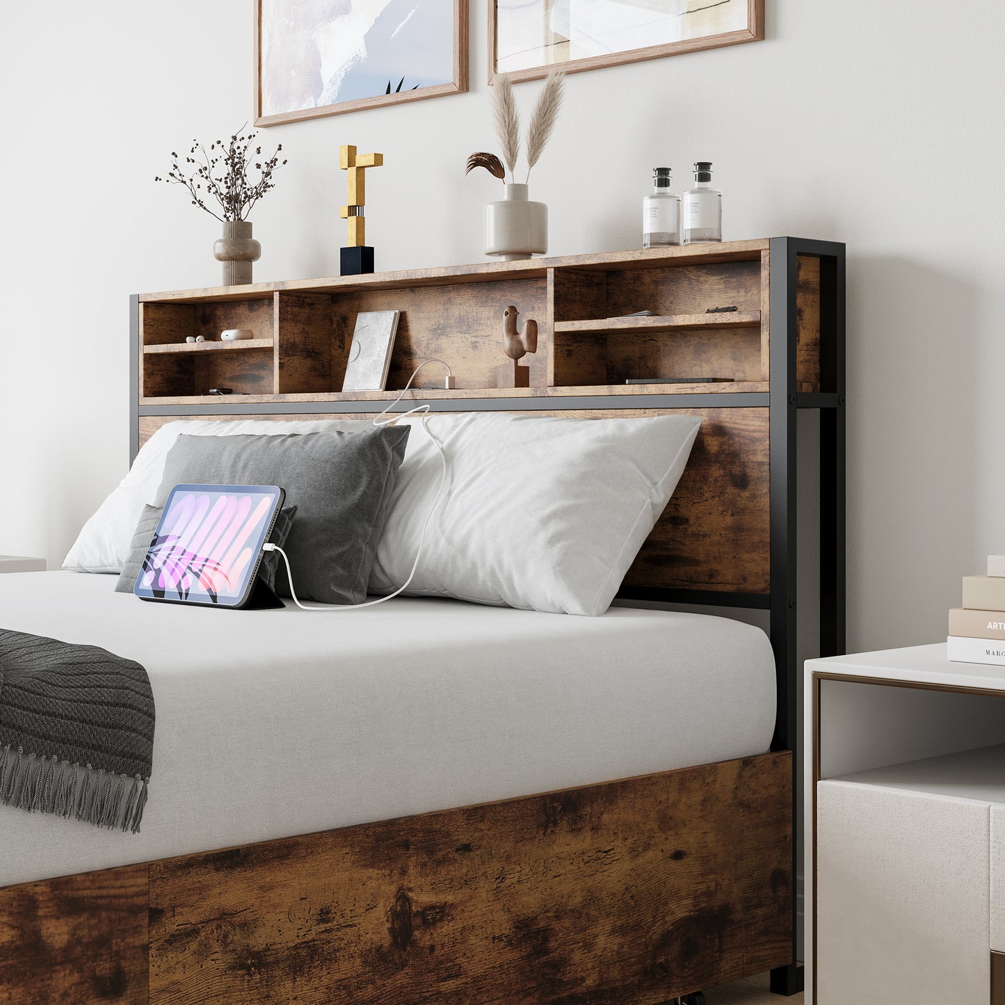 Queen Bed Frame with  Storage Headboard and 4 Drawers