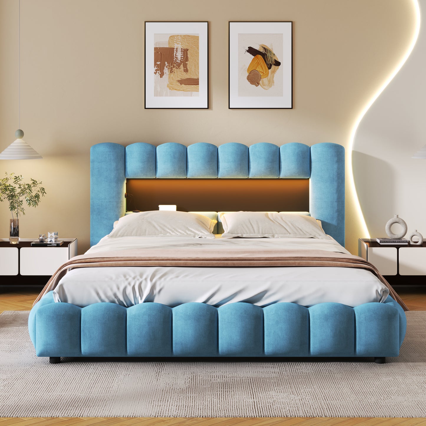 Queen Size Upholstered Platform Bed with LED Headboard and USB, Blue