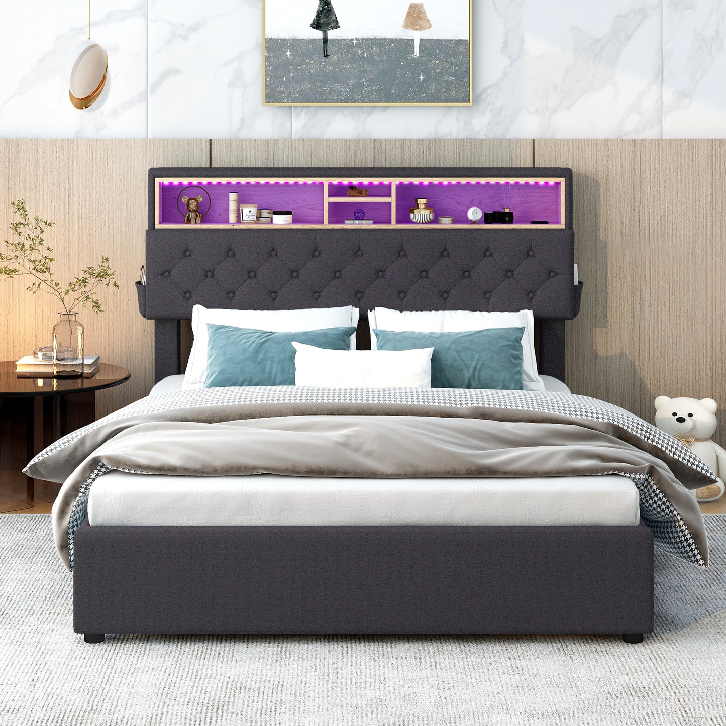 Full Size Upholstered Platform Bed with Storage Headboard, LED, USB Charging and 2 Drawers, Dark Gray