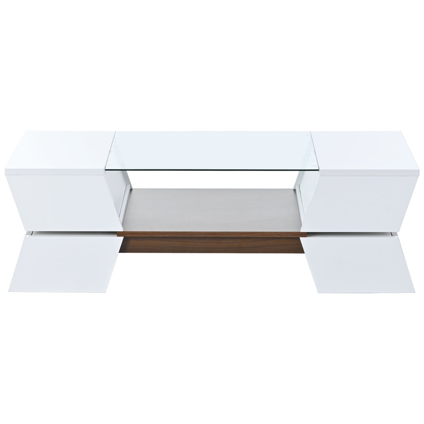 6mm Glass-Top White Coffee Table with Open Shelves and Cabinets