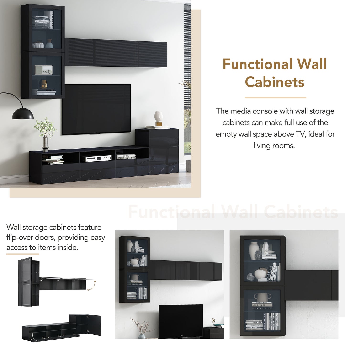 Modern Black High Gloss TV Stand with 9 Storage Cabinets