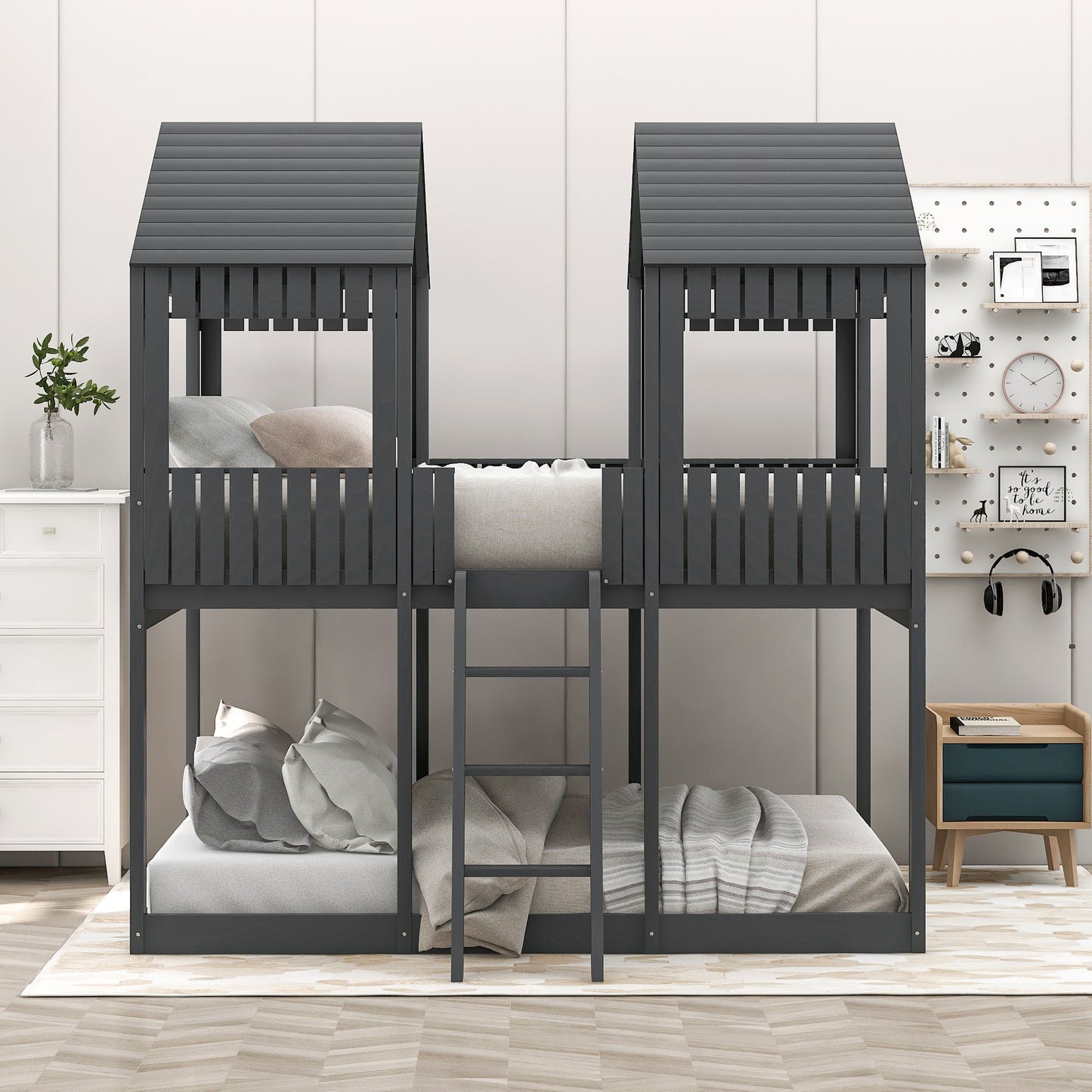 Wooden Playhouse-Styled Full Over Full Bunk Bed with Gray Roof and Window