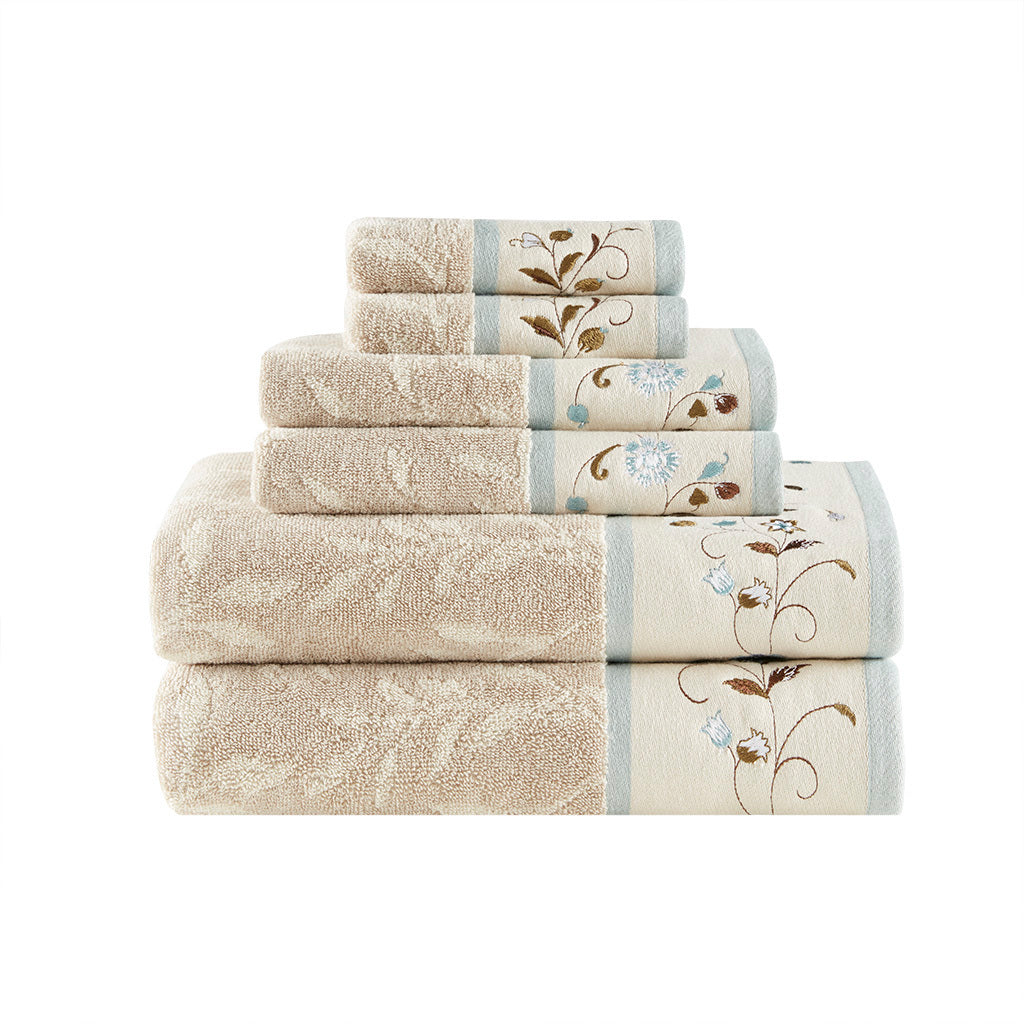 Embroidered Leaf Design Cotton Jacquard 6-Piece Towel Set