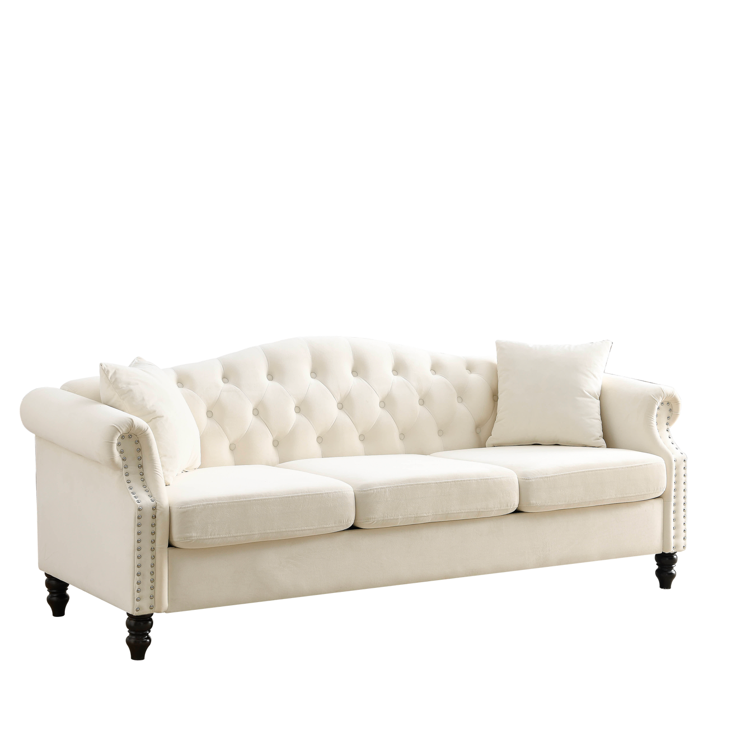 [Video] 79" Chesterfield Sofa Beige Velvet for Living Room, 3 Seater Sofa Tufted Couch with Rolled Arms and Nailhead for Living Room, Bedroom, Office, Apartment, two pillows