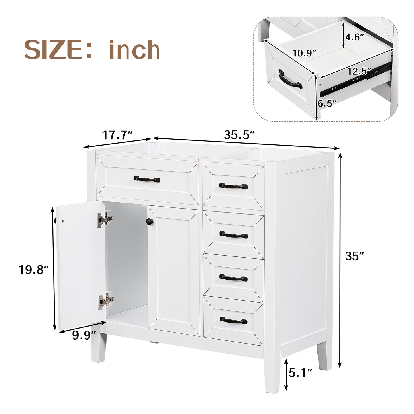 36" Bathroom Vanity without Sink, Cabinet Base Only, Bathroom Cabinet with Drawers, Solid Frame and MDF Board, White