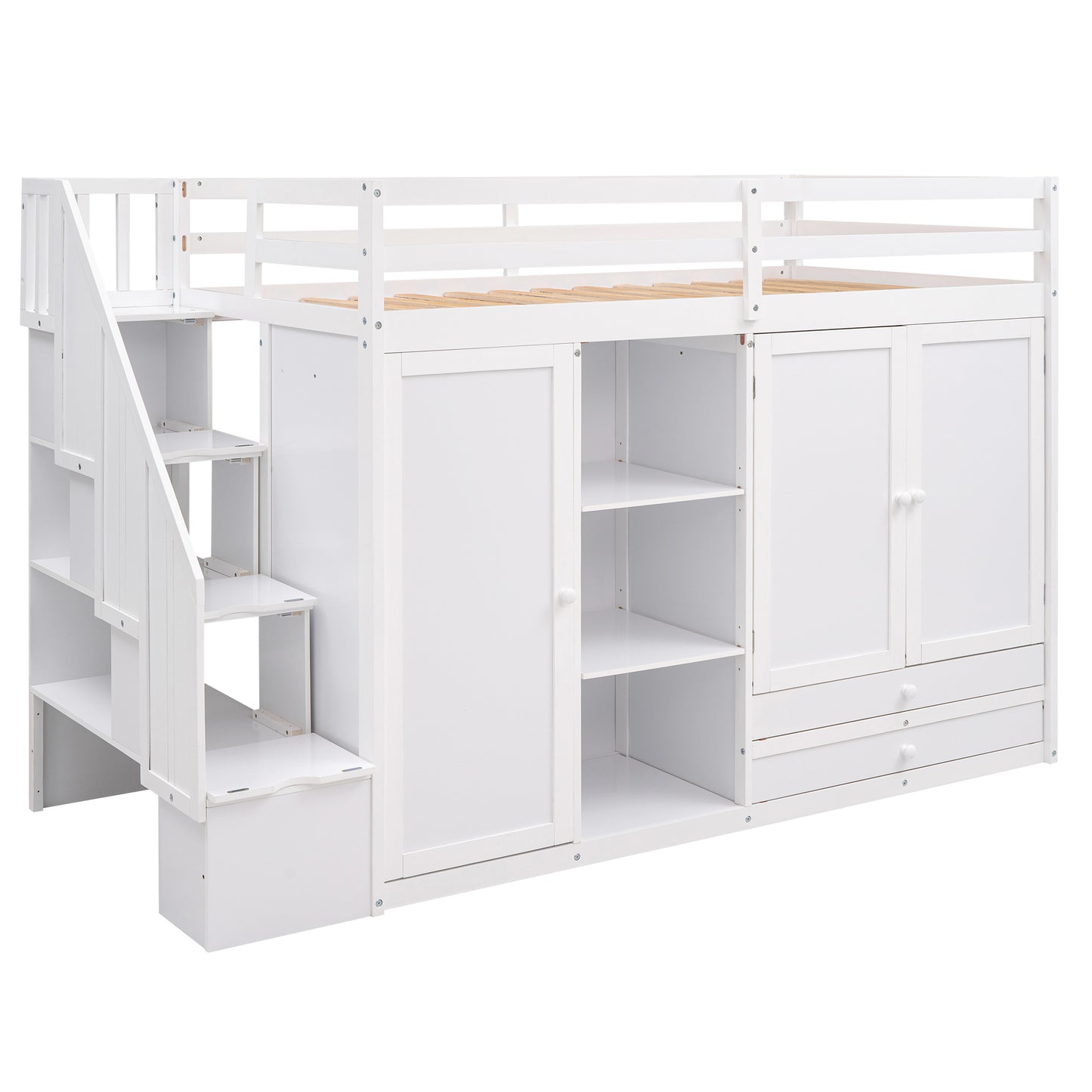 Functional Loft Bed with 3 Shelves, 2 Wardrobes and 2 Drawers,  Ladder with Storage, No Box Spring Needed, White