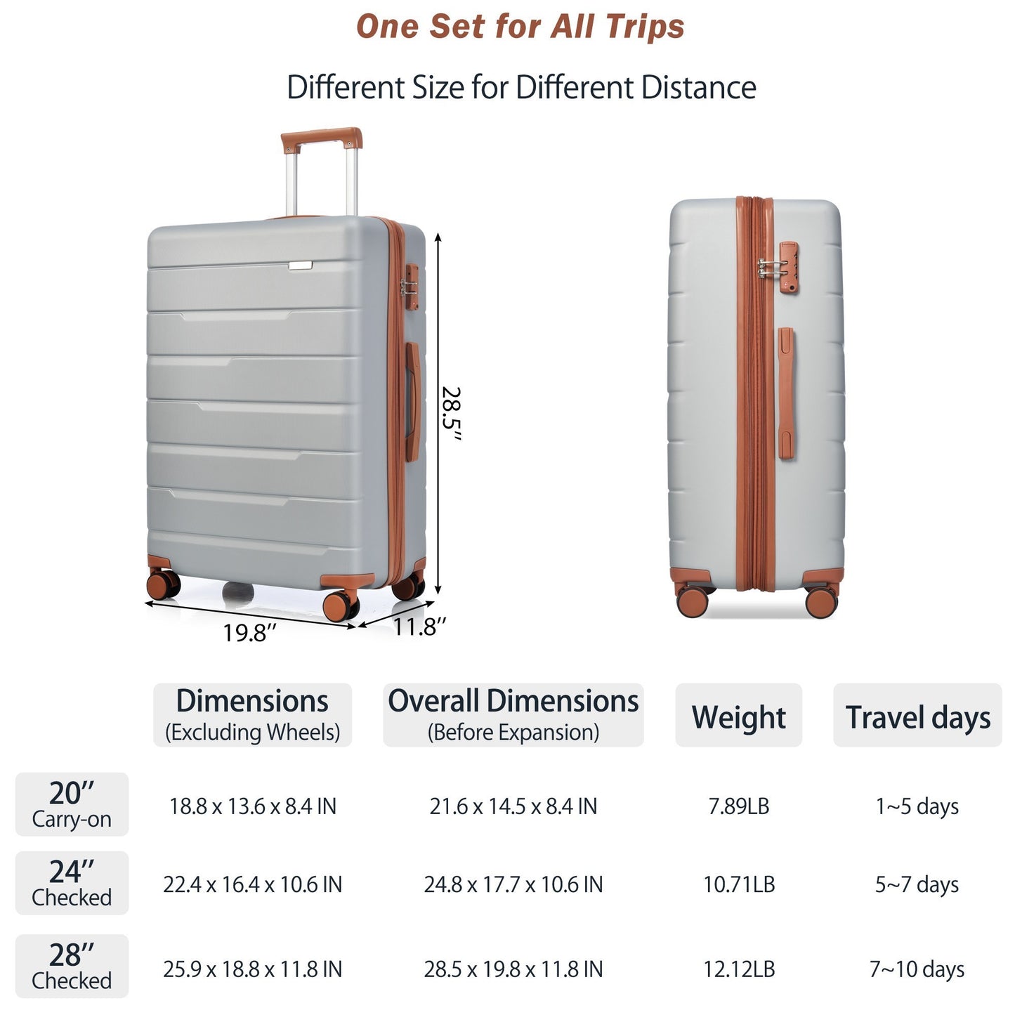 Luggage Sets 3 Piece Suitcase Set 20/24/28,Carry on Luggage Airline Approved,Hard Case with Spinner Wheels, Silver