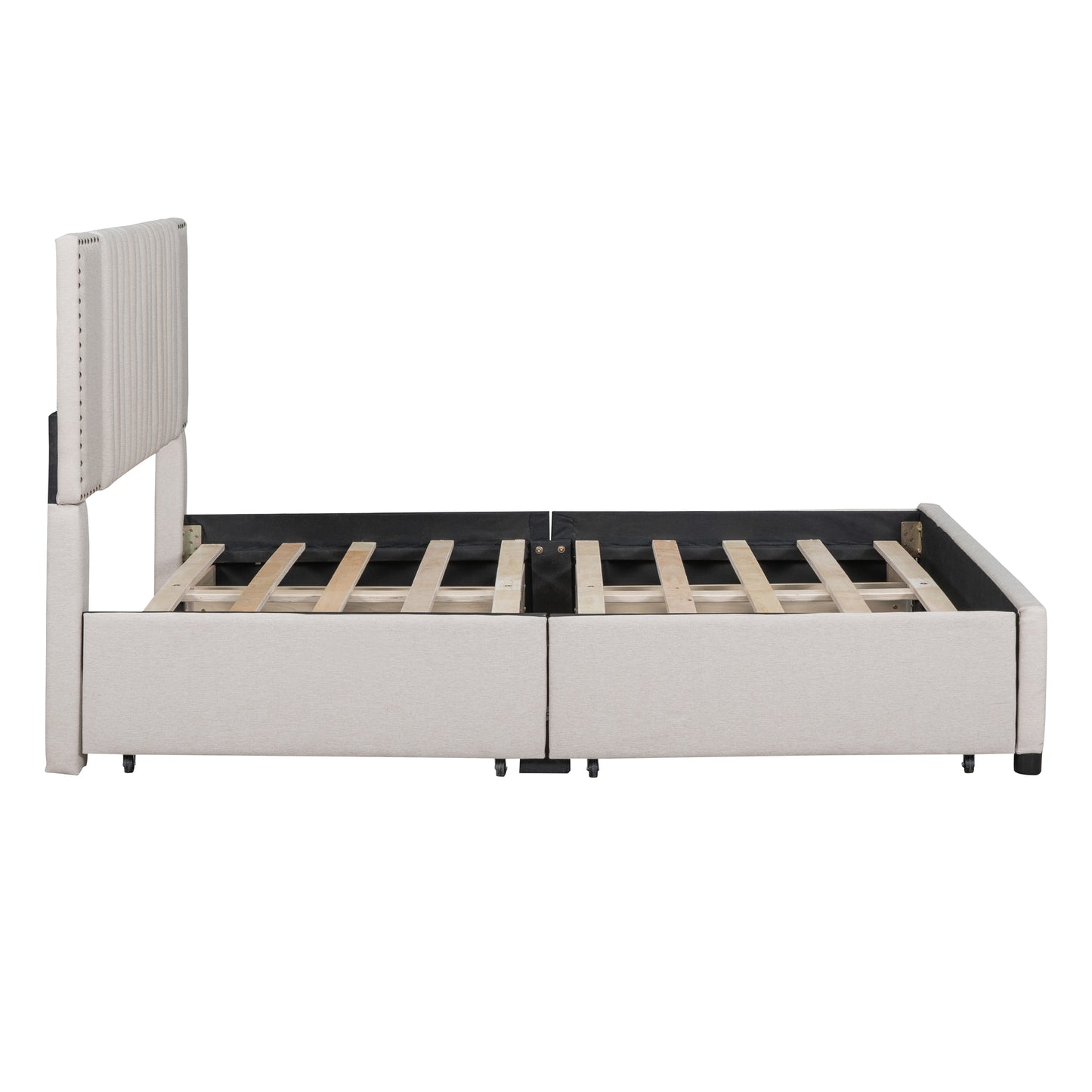 Full Size Upholstered Platform Bed with Classic Headboard and 4 Drawers, Linen Fabric, Beige