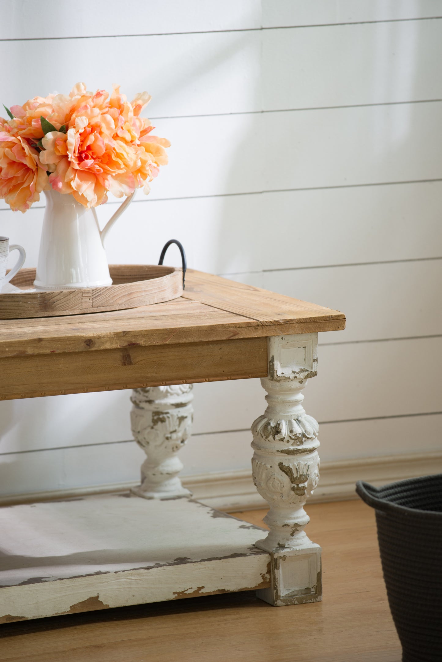 French Country Wooden Coffee Table with Ornate Legs and Storage Shelf