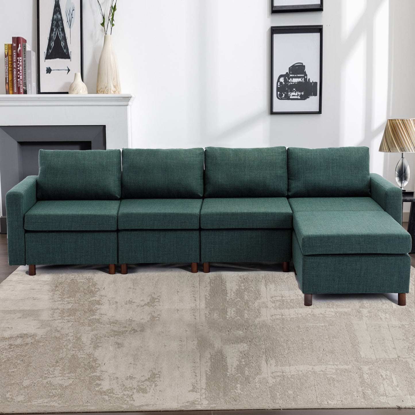 Modern 4 Seat Module Sectional Linen Sofa Set with Ottoman, Green