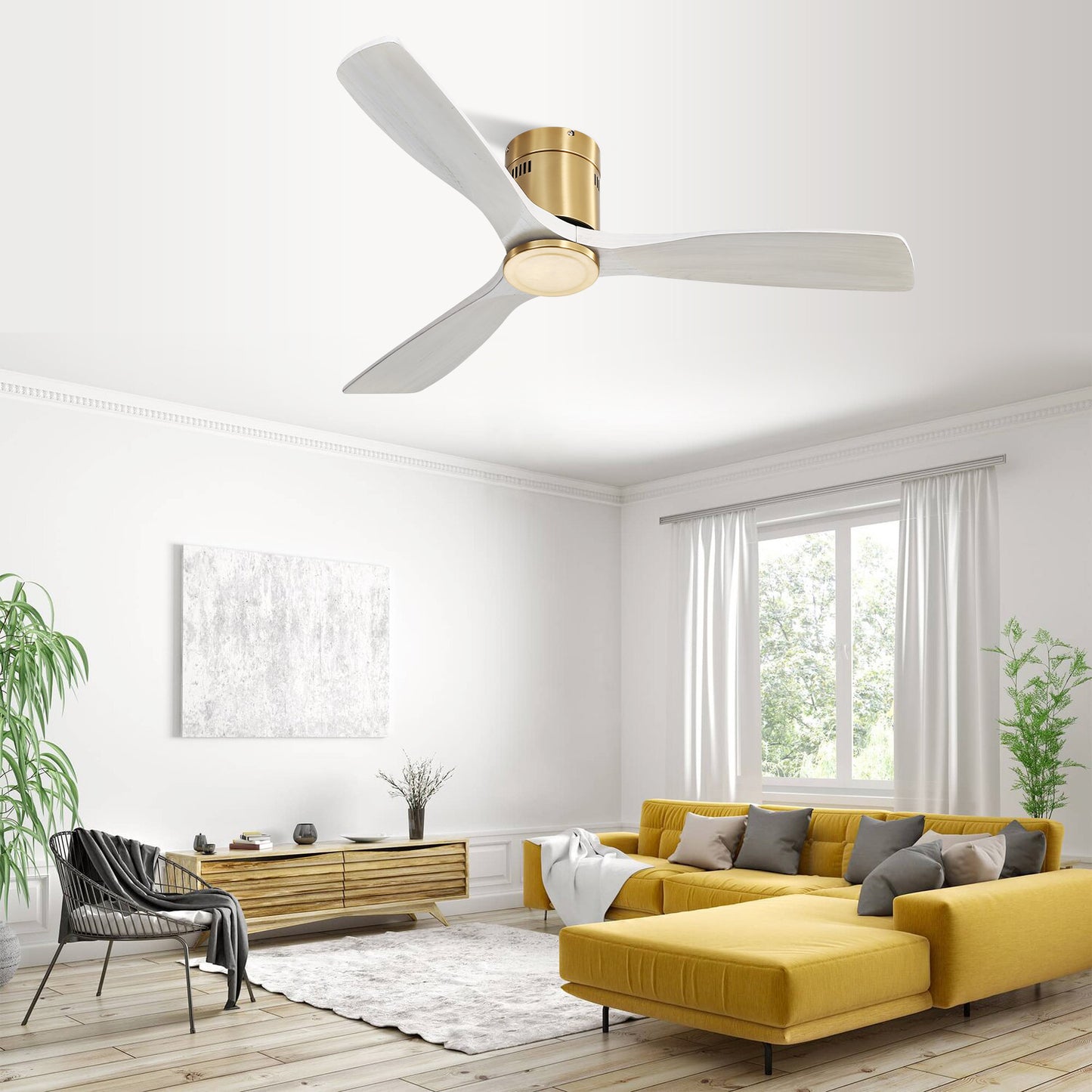 52 Inch Low Profile Ceiling Fan with Reversible Wooden Blades and Remote Control