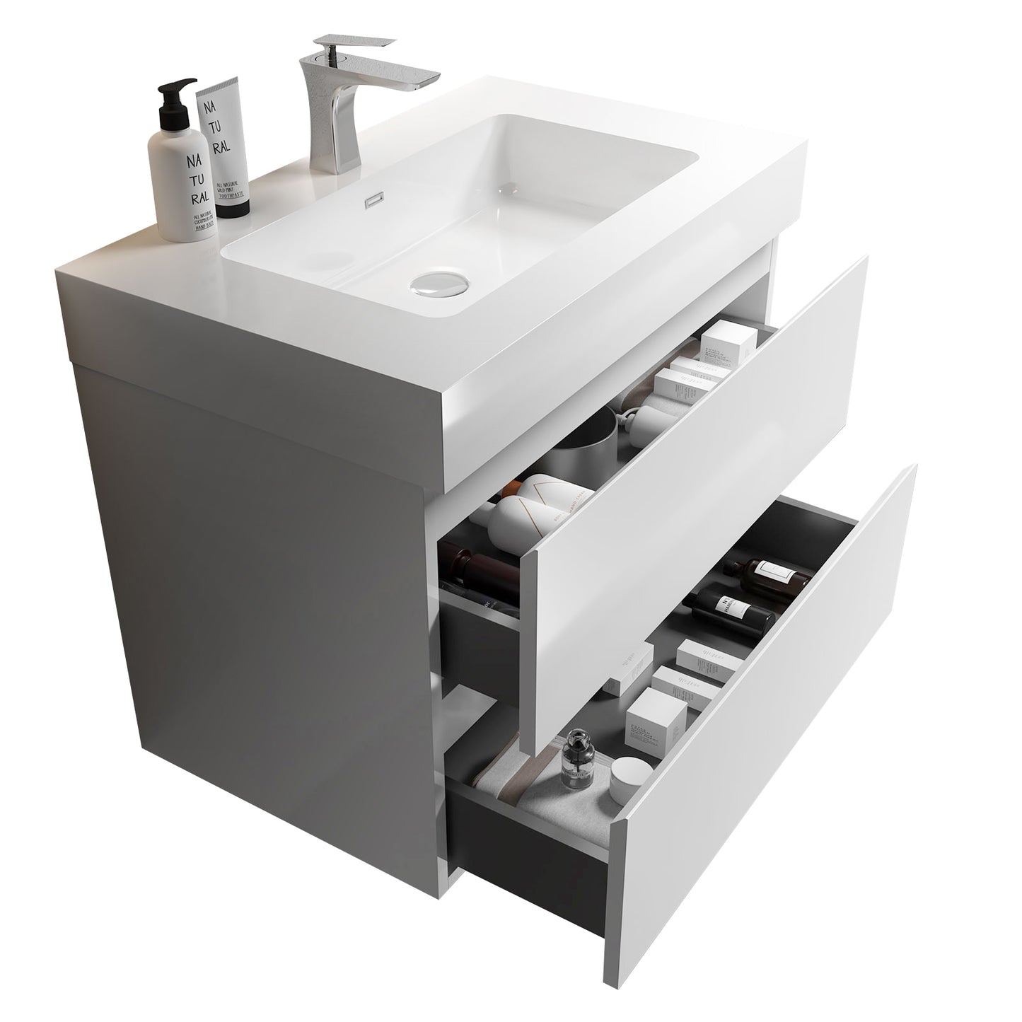 Alice 30" White Bathroom Vanity with Sink, Large Storage Wall Mounted Floating Bathroom Vanity for Modern Bathroom, One-Piece White Sink Basin without Drain and Faucet