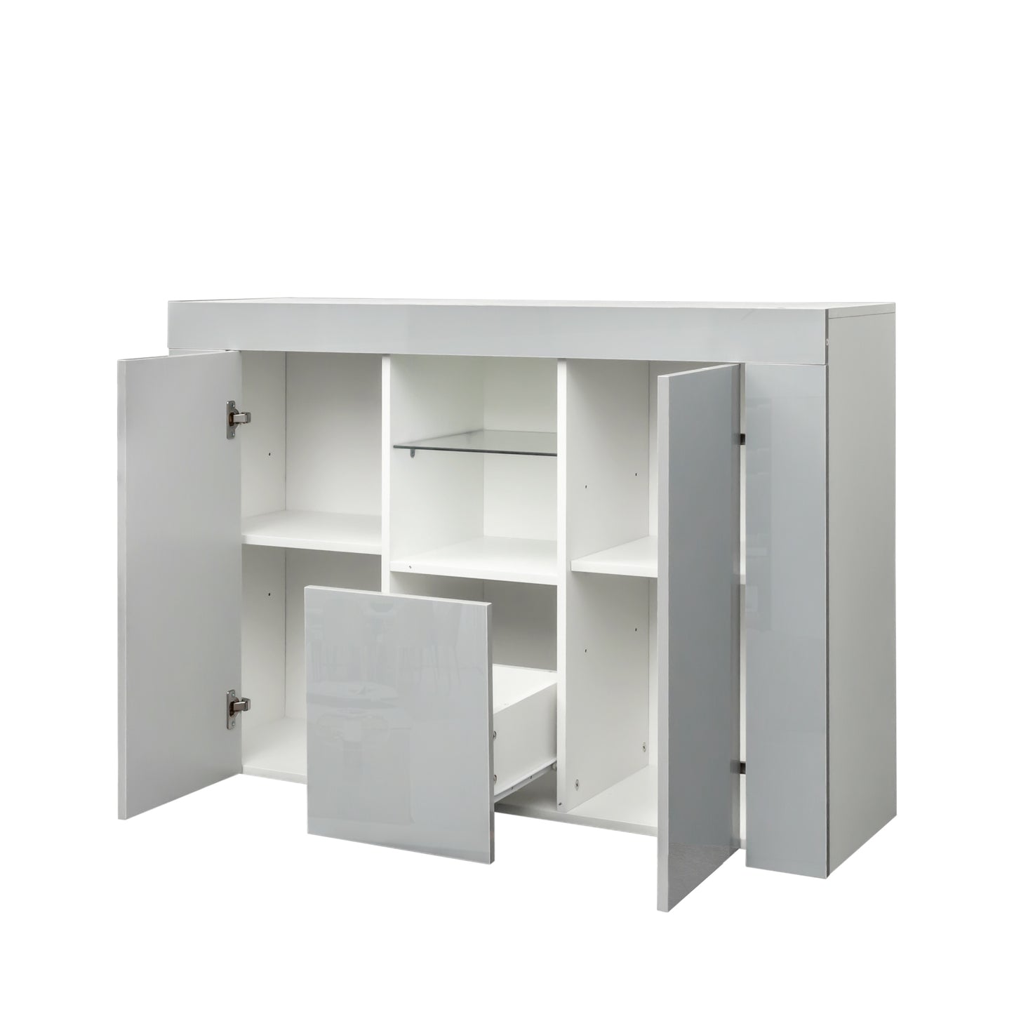 LED Light Kitchen Sideboard Storage Cabinet - Modern White High Gloss Buffet Stand