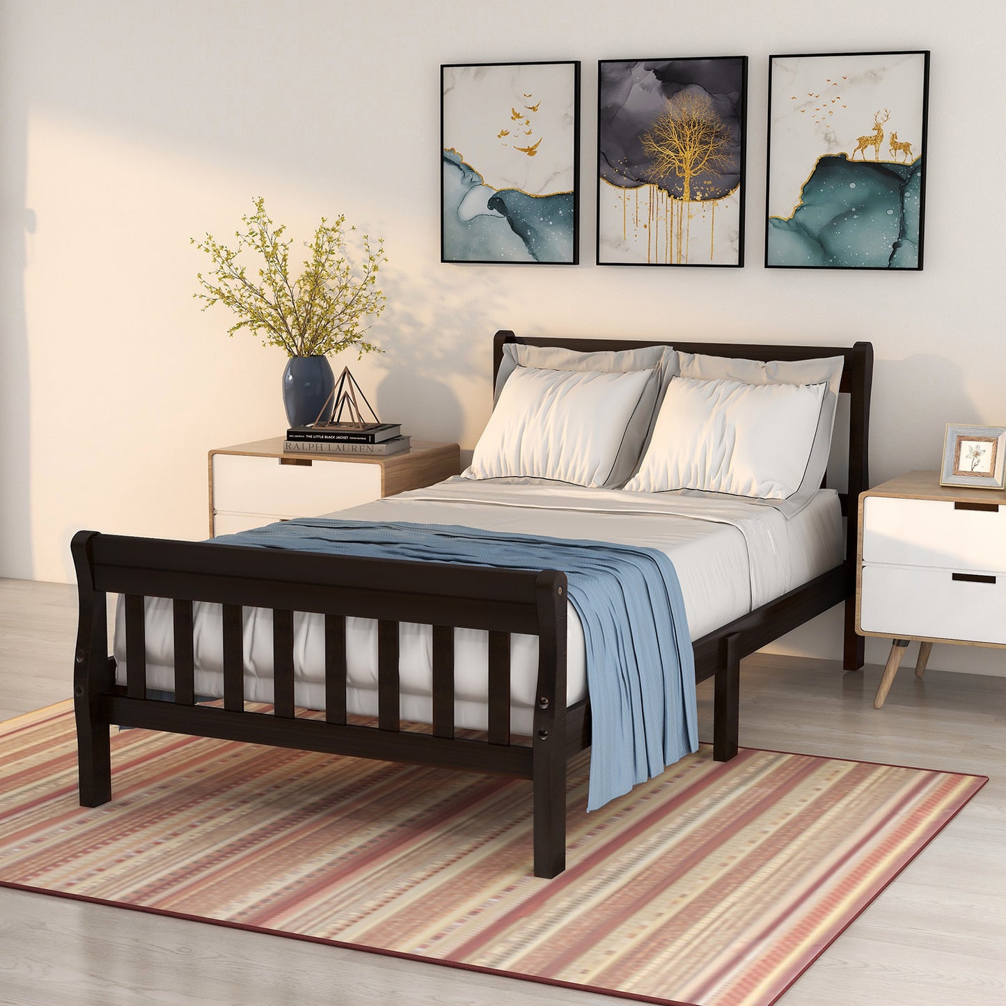 Wood Platform Bed Twin Bed Frame Panel Bed Mattress Foundation Sleigh Bed with Headboard/Footboard/Wood Slat Support