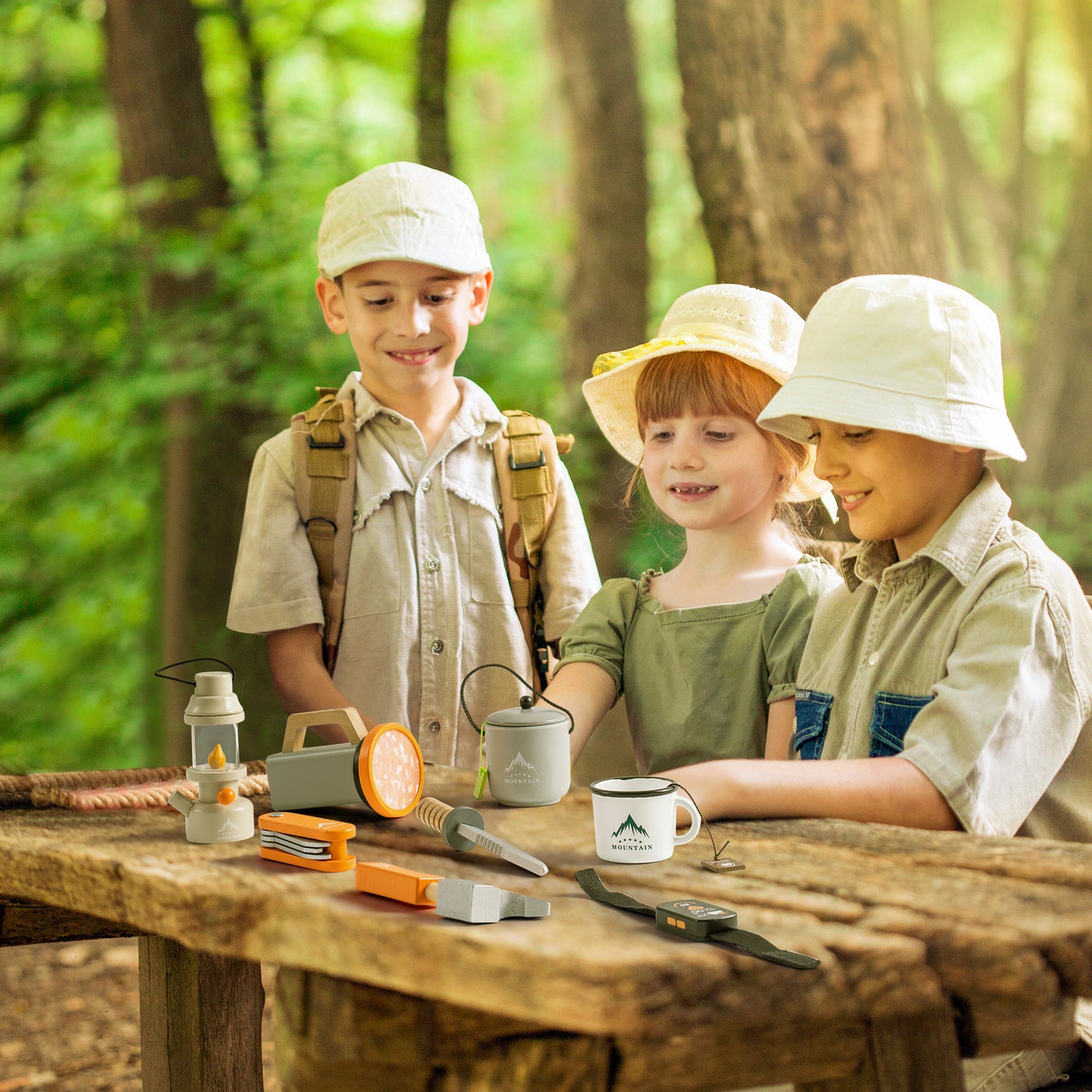 Outdoor Wooden Camping Playset with 45 Pieces for Kids, Including Pretend Play Food and Storage Bag