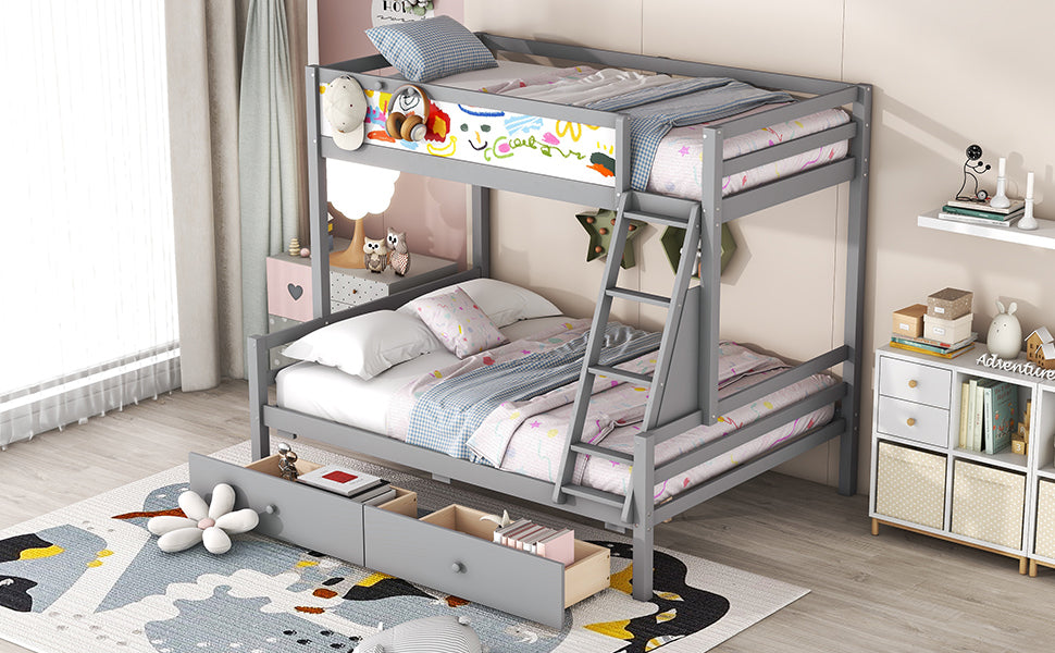 Grey Wood Twin over Full Bunk Bed with Whiteboard, 3 Hooks, and 2 Drawers - Innovative Storage Solution Twin over Full Bunk Bed