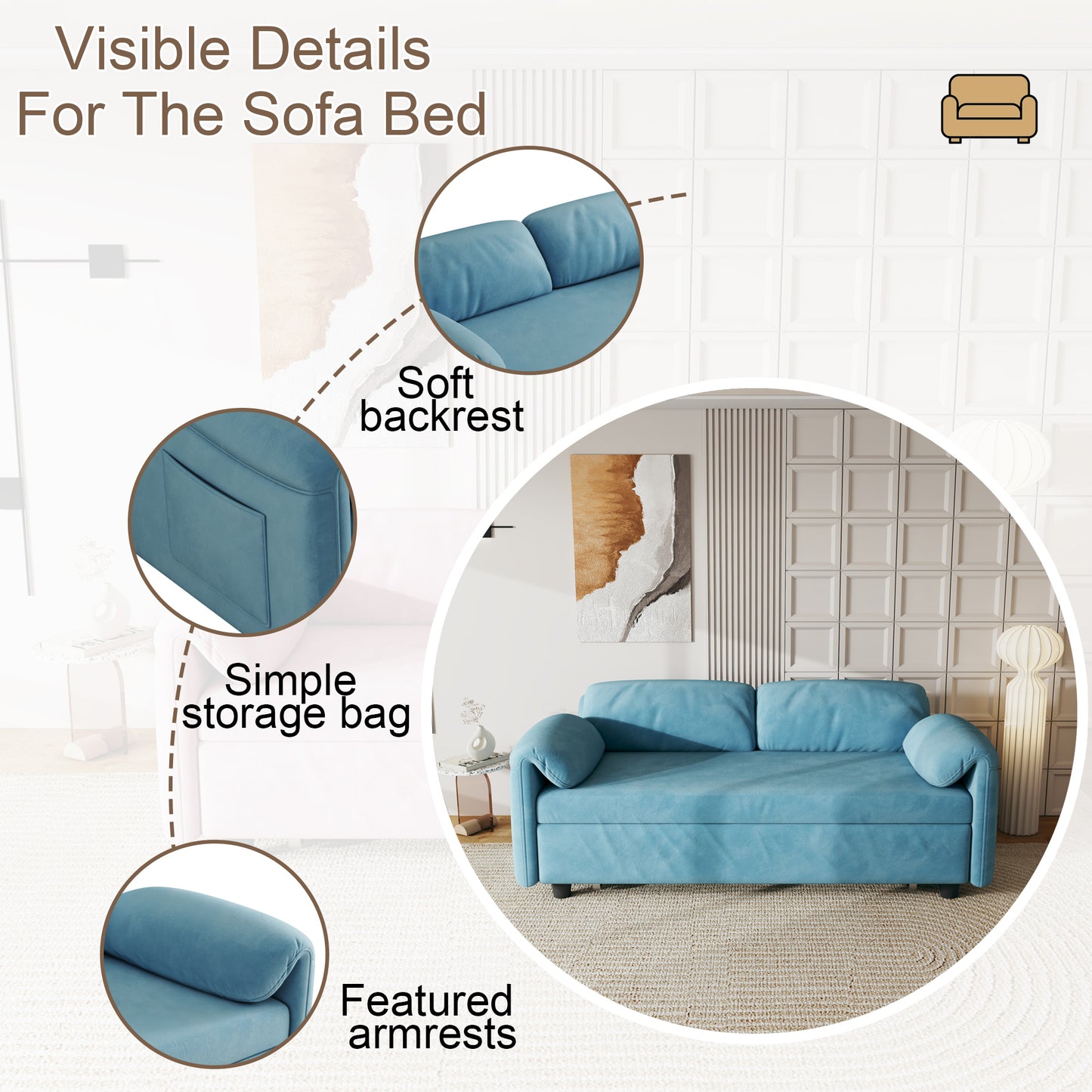 54 Blue Velvet Sofa Bed with Retractable Dual Purpose and Armrest Storage Bag