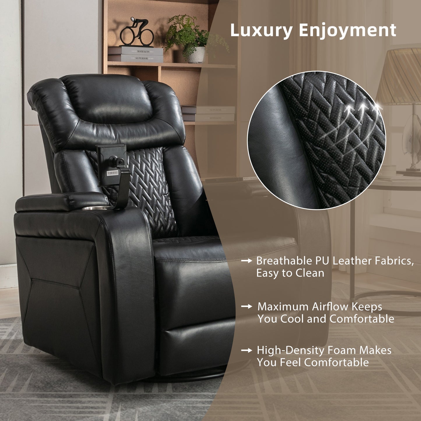 Luxury Black Swivel Recliner Chair with Tray Table, Phone Holder, and USB Port