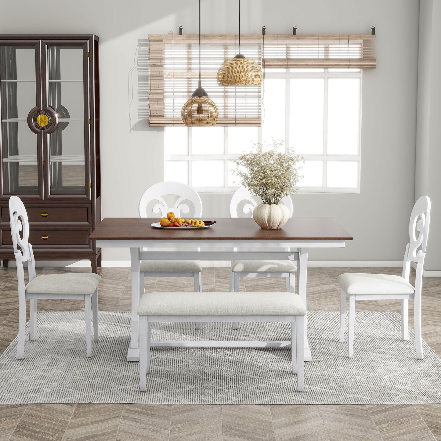 Mid-Century 6-Piece Trestle Table Set with Victorian Round Upholstered Dining Chairs and Long Bench, Cherry+Antique White