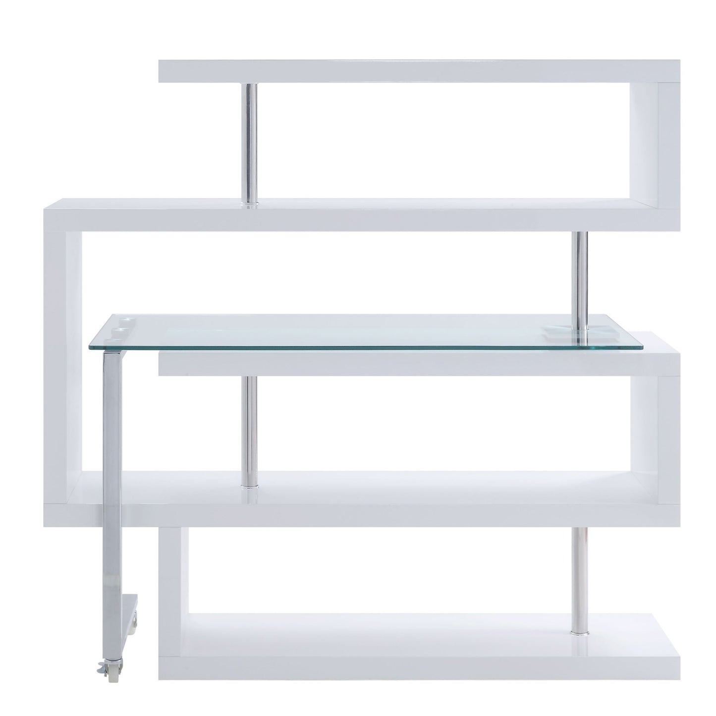 Sleek Clear Glass Writing Desk with Curved Shelf and White & Chrome Finish