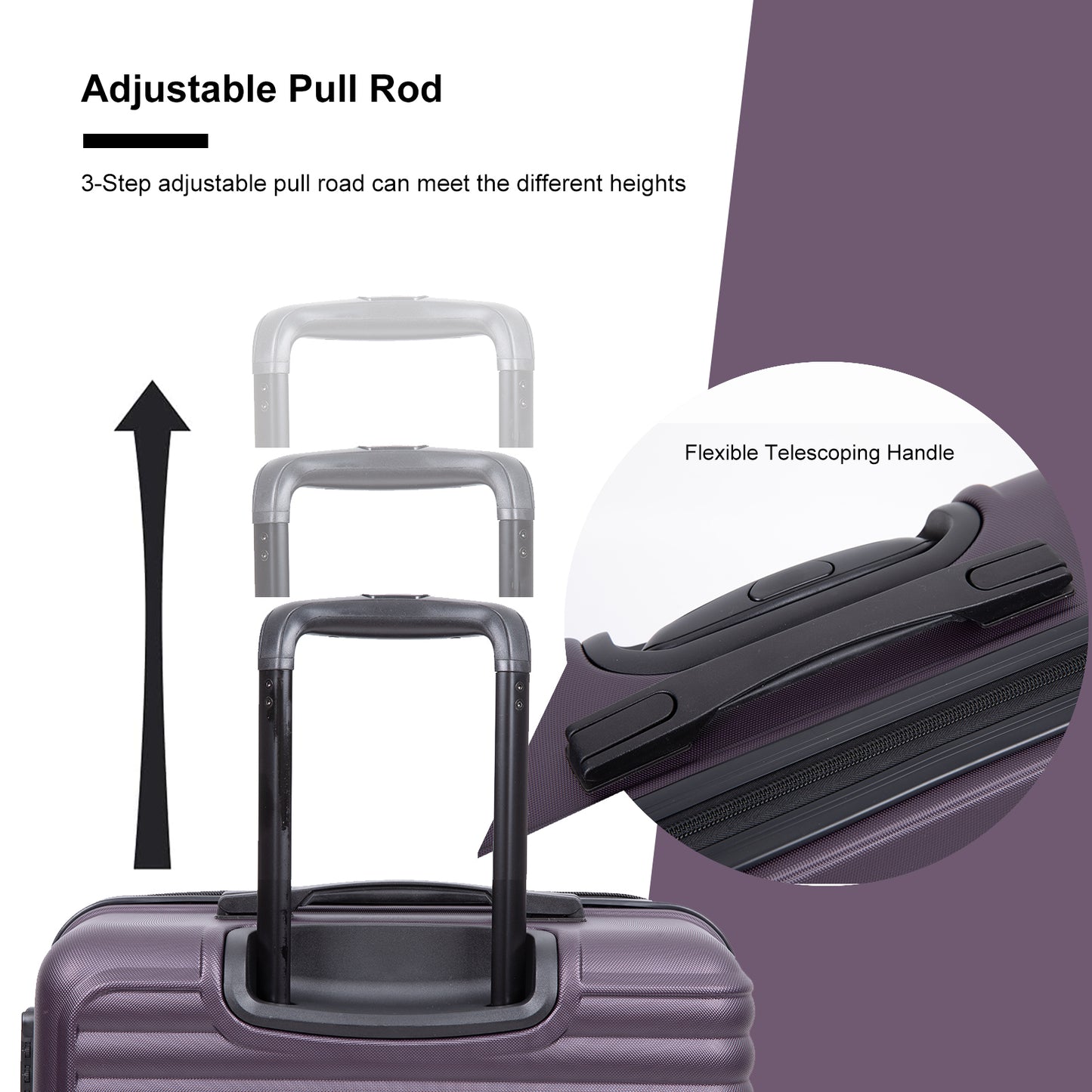 3 Piece Luggage Sets ABS Lightweight Suitcase with Two Hooks, Spinner Wheels, TSA Lock, (20/24/28) PURPLE