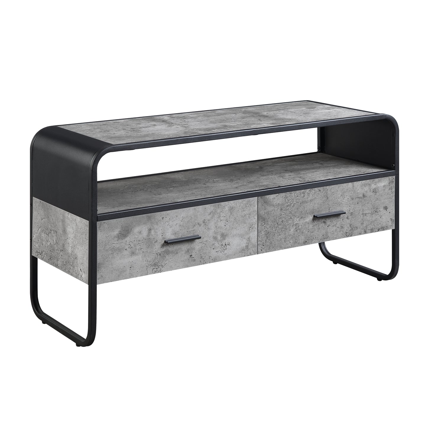 Modern TV Stand with Faux Concrete Shelves in Gray & Black Finish