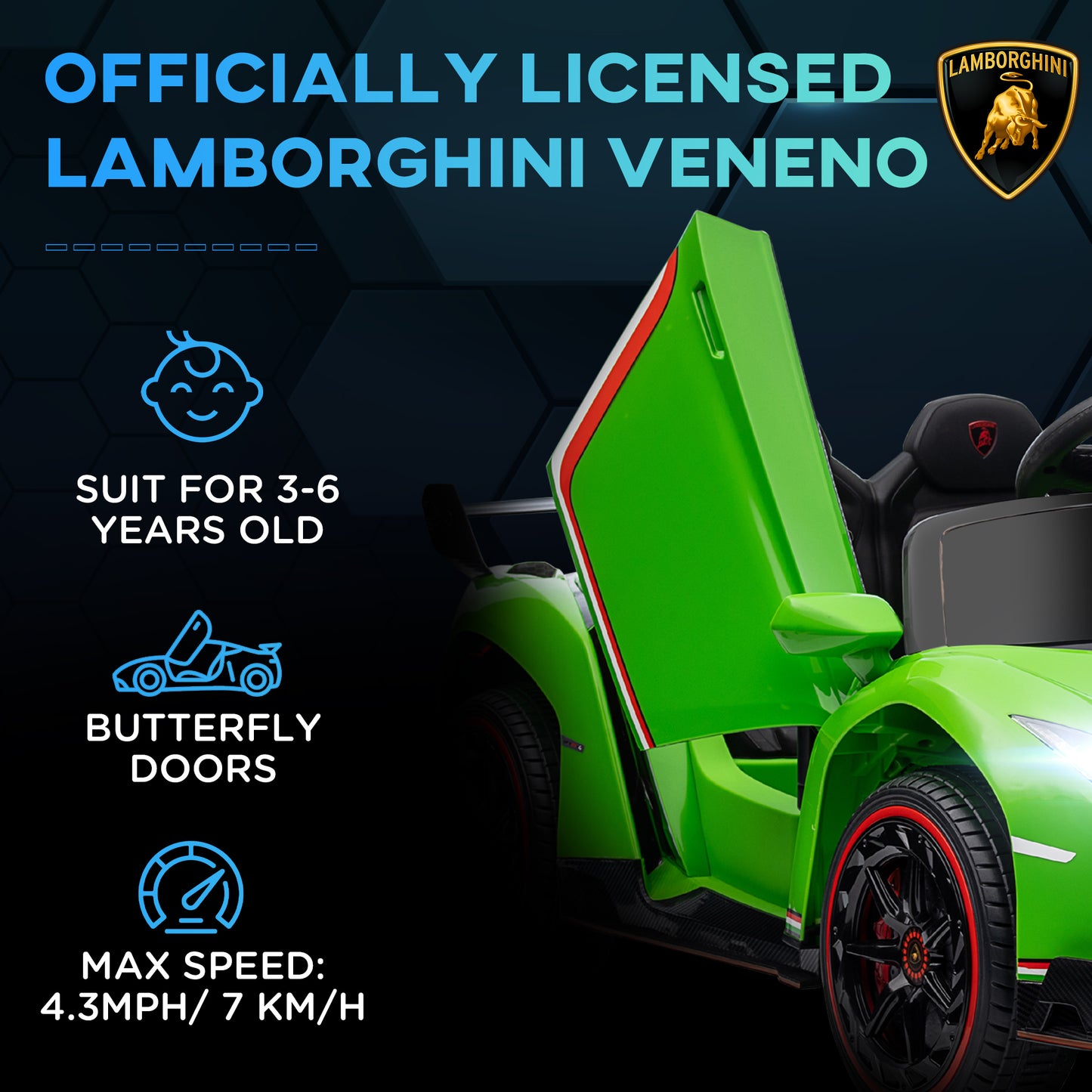 Aosom Lamborghini Veneno Licensed Kids Electric Car with  Bluetooth, 12V Ride on Car with Butterfly Doors, Remote Control, Suspension System, Horn, Songs, Lights, Green