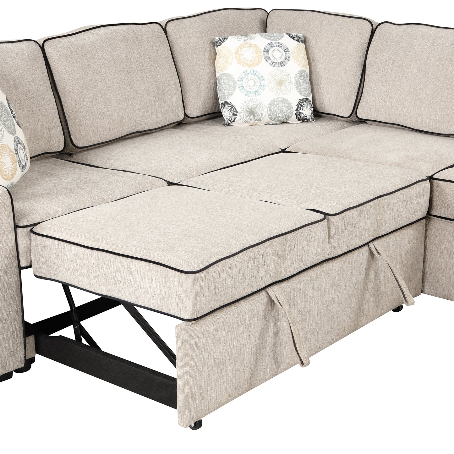 83 Cream Convertible L-Shaped Sleeper Sofa with USB Ports and Power Sockets