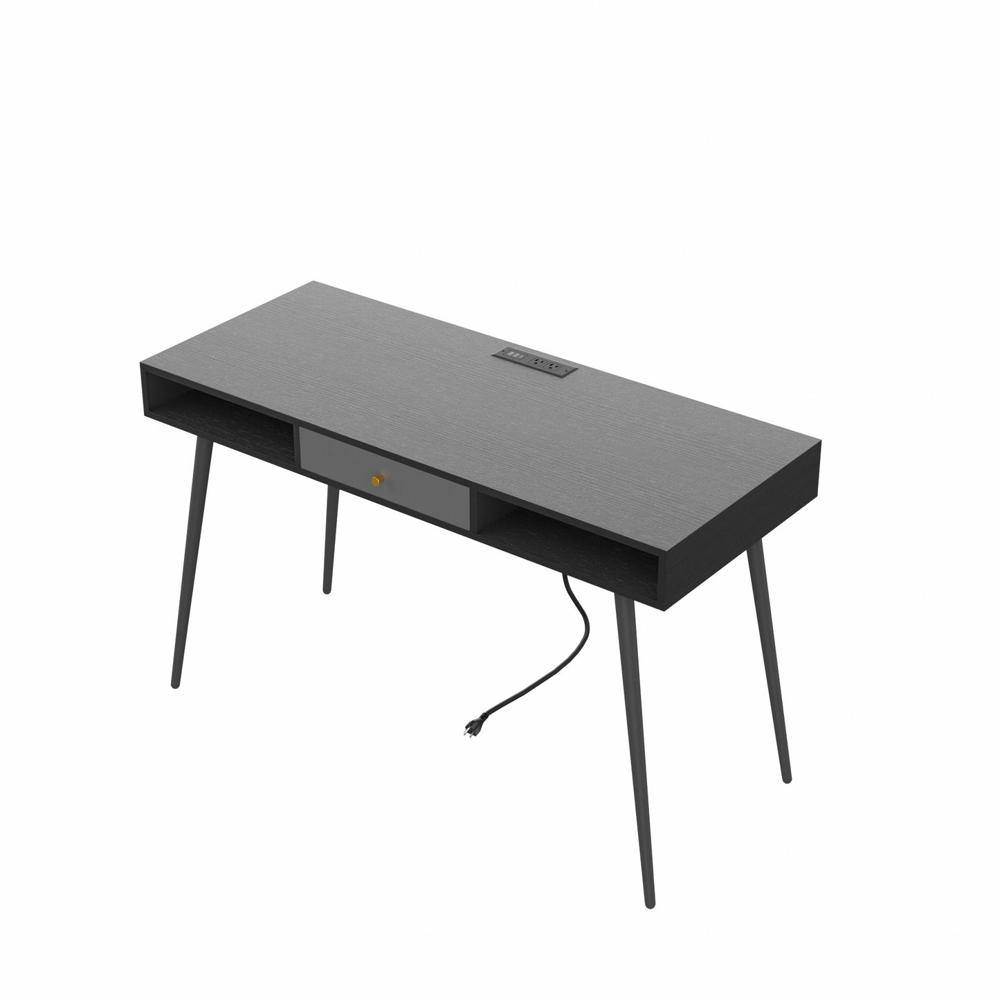 Sleek Black Mid Century Desk with USB Ports, Power Outlet, and Drawers