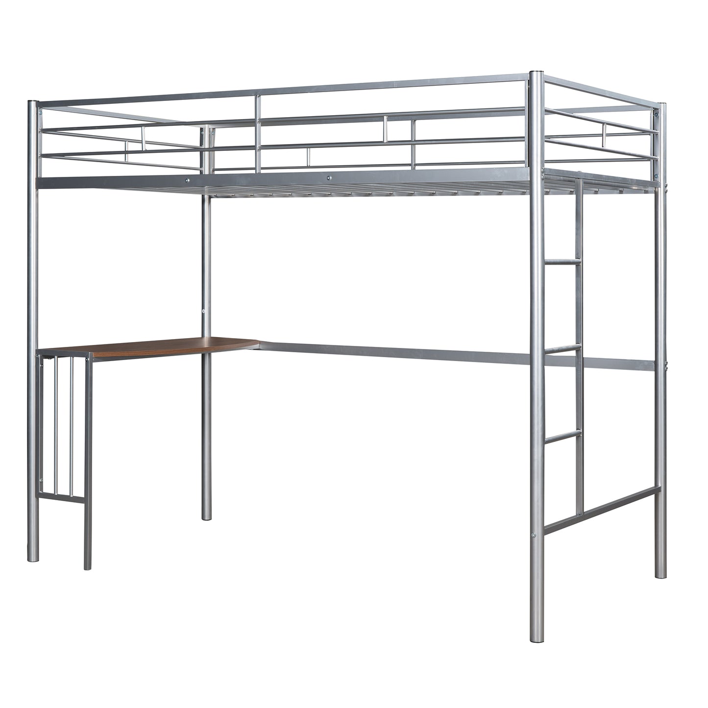 Silver Metal Twin Over Full Loft Bed with Integrated Desk and Ladder