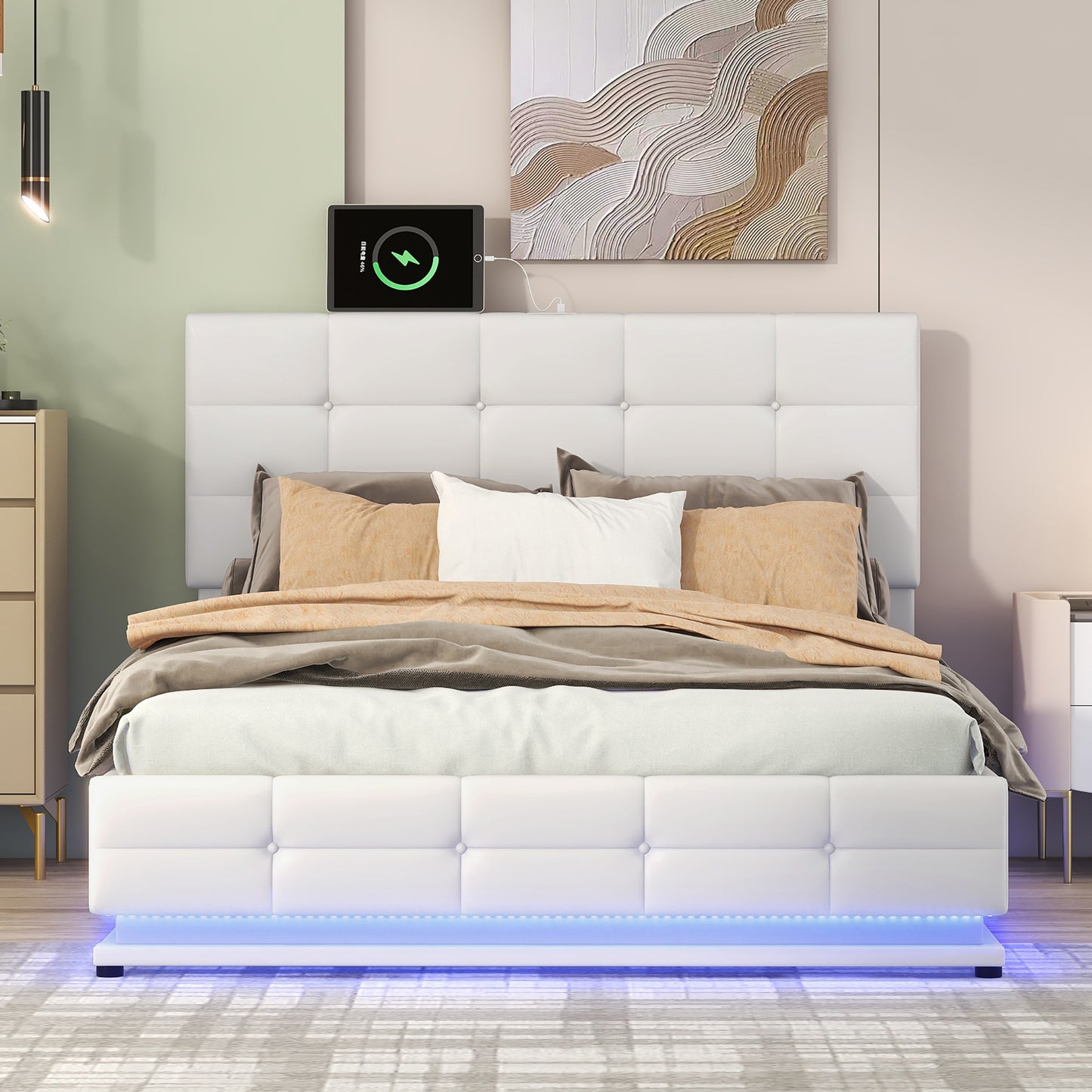 Full Size Tufted Upholstered Platform Bed with Hydraulic Storage System,PU Storage Bed with LED Lights and USB charger, White(Expected Arrival Time: 5.15,AT)