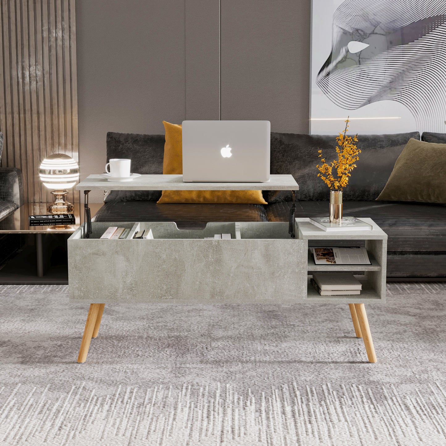 Coffee Table with Hidden Compartment and Lift Top in Light Gray