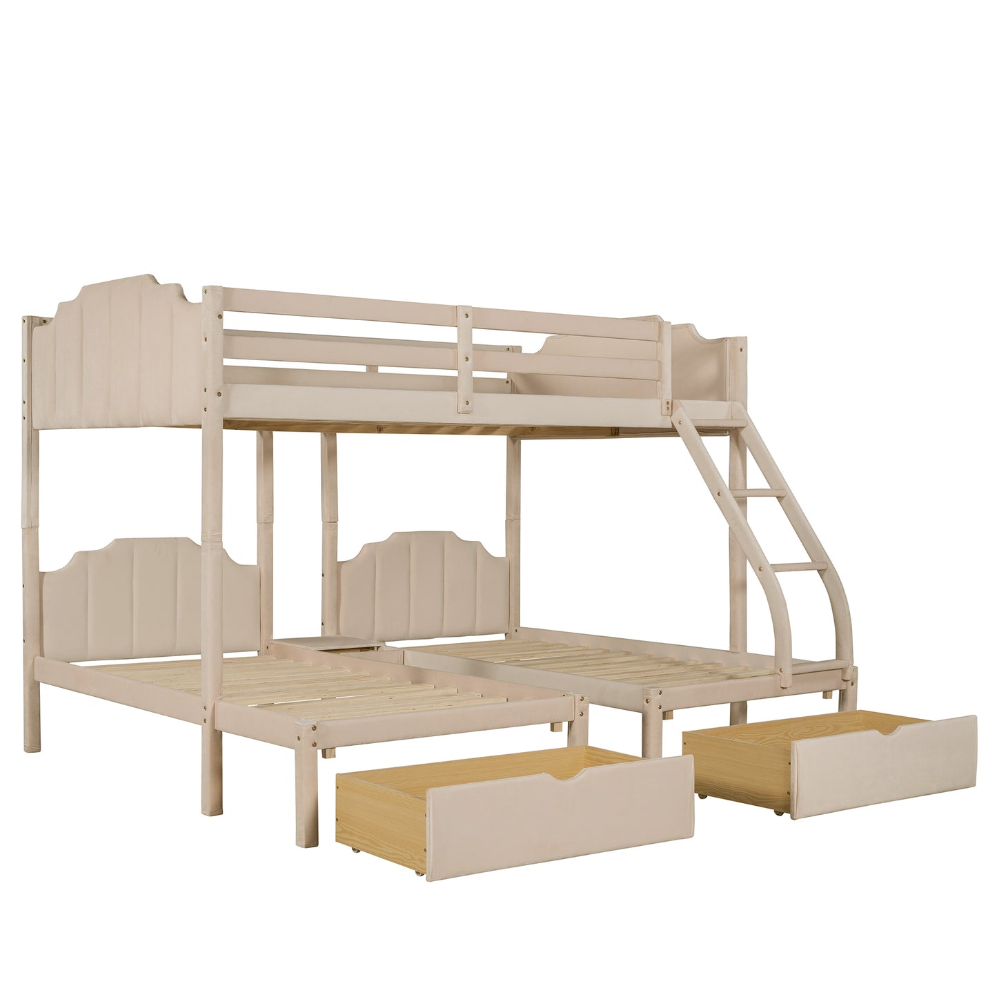 Triple Bunk Bed with Full Lower Bed, Twin Upper Bed, Velvet Finish, Beige - Space-Saving Triple Bed with Full, Twin, and Velvet Touch