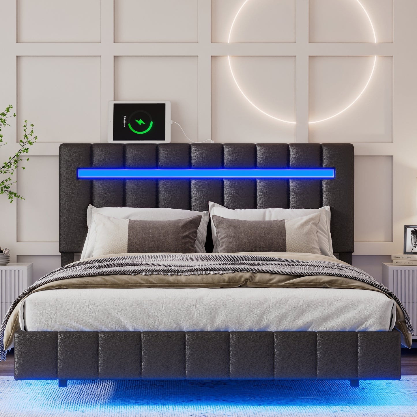 Full Size Floating Bed Frame with LED Lights and USB Charging,Modern Upholstered Platform LED Bed Frame,Black(Full)