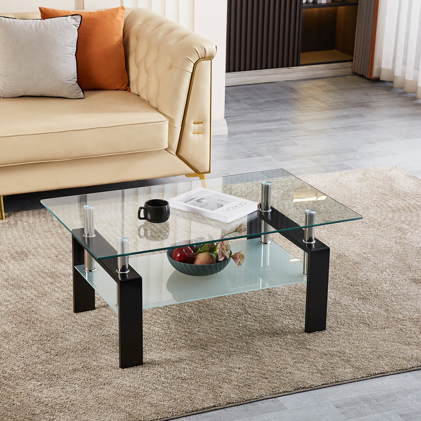 Stylish Clear Glass Coffee Table with Geometric Design