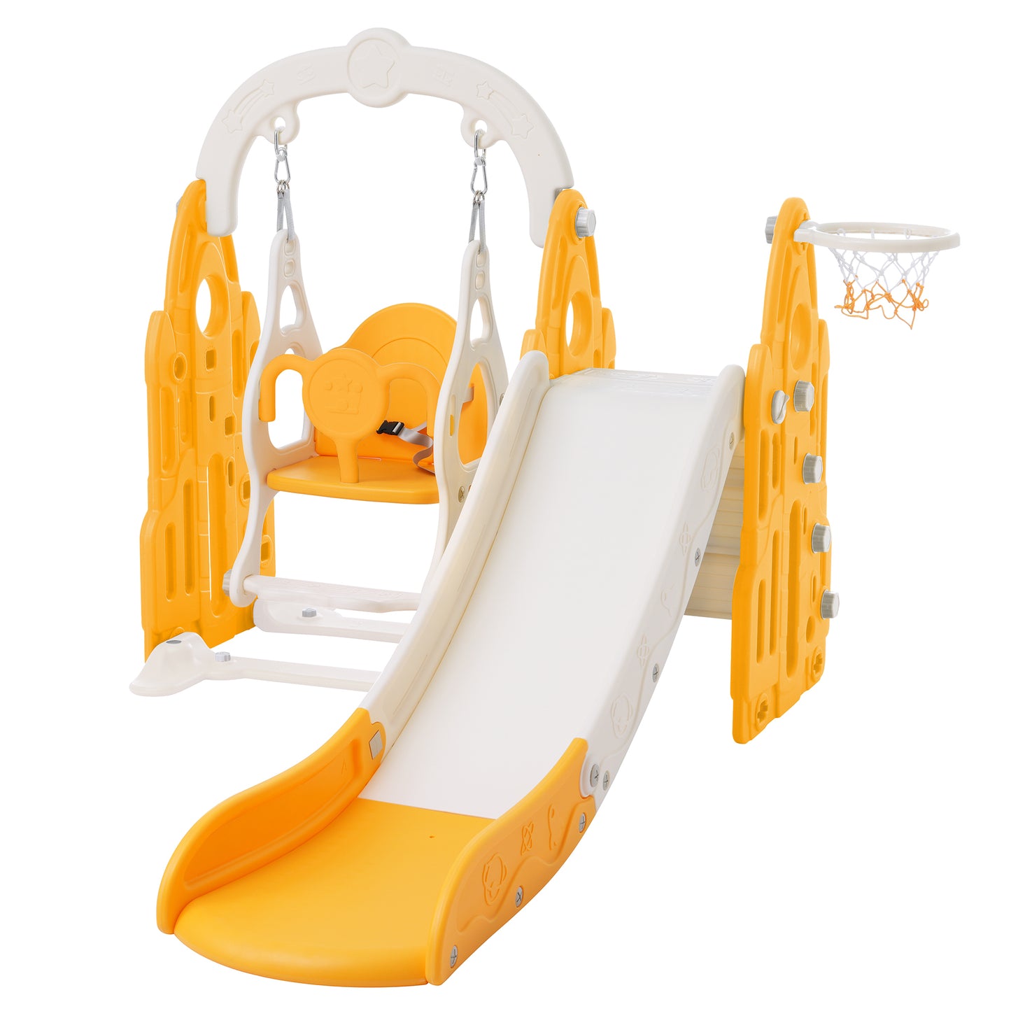 4 in 1 Toddler Playground Climber Slide and Swing Set with Basketball Hoop