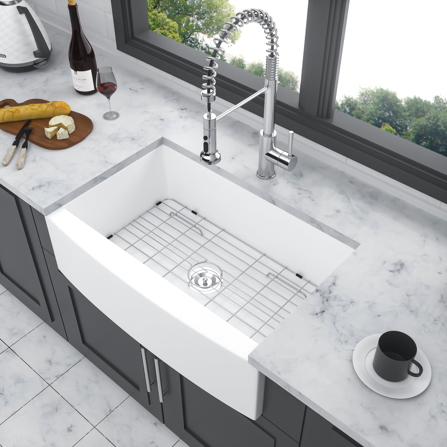 30-Inch White Ceramic Farmhouse Kitchen Sink with Arch Edge and Stainless Steel Accessories