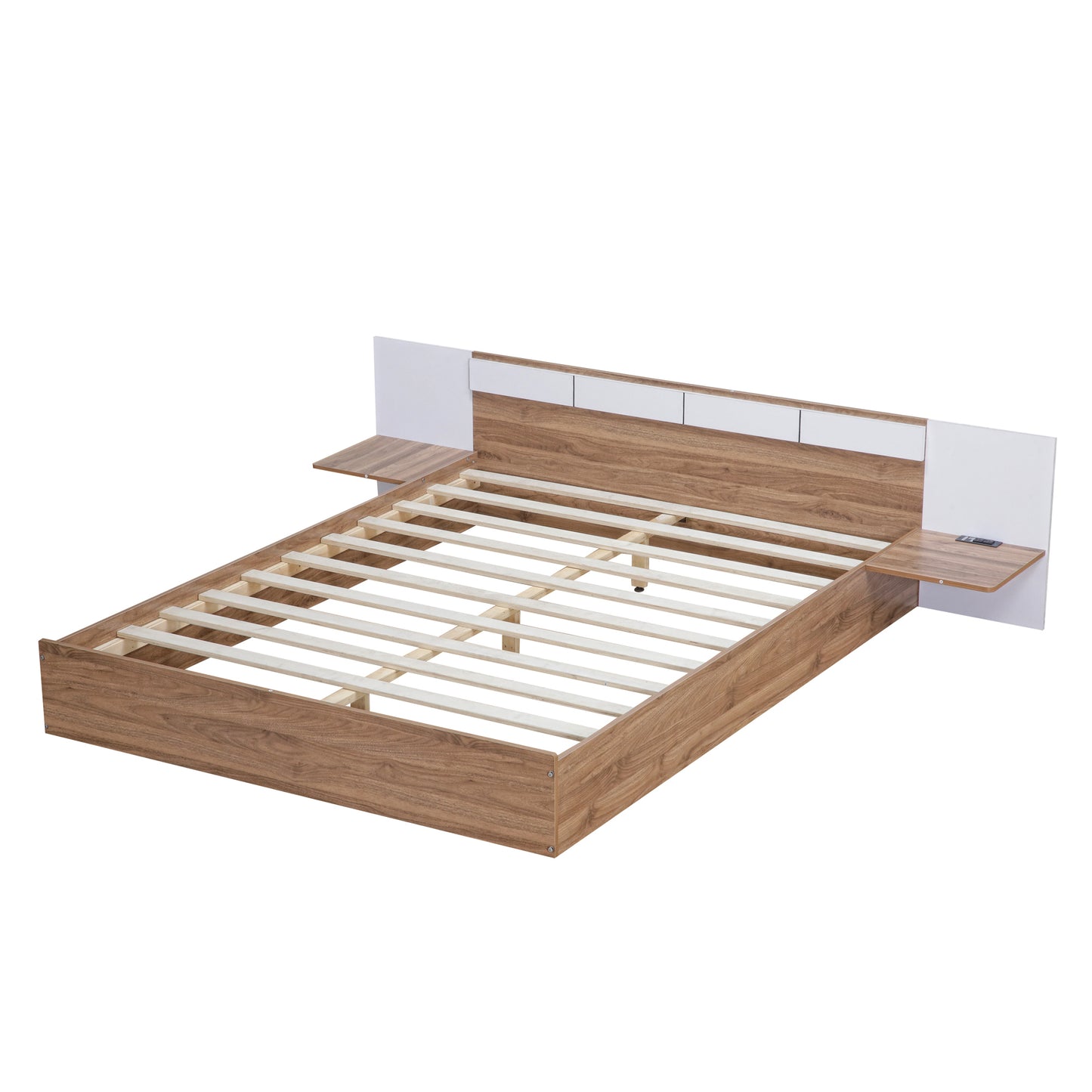 Queen Size Platform Bed with Headboard, Shelves, USB Ports and Sockets, Natural