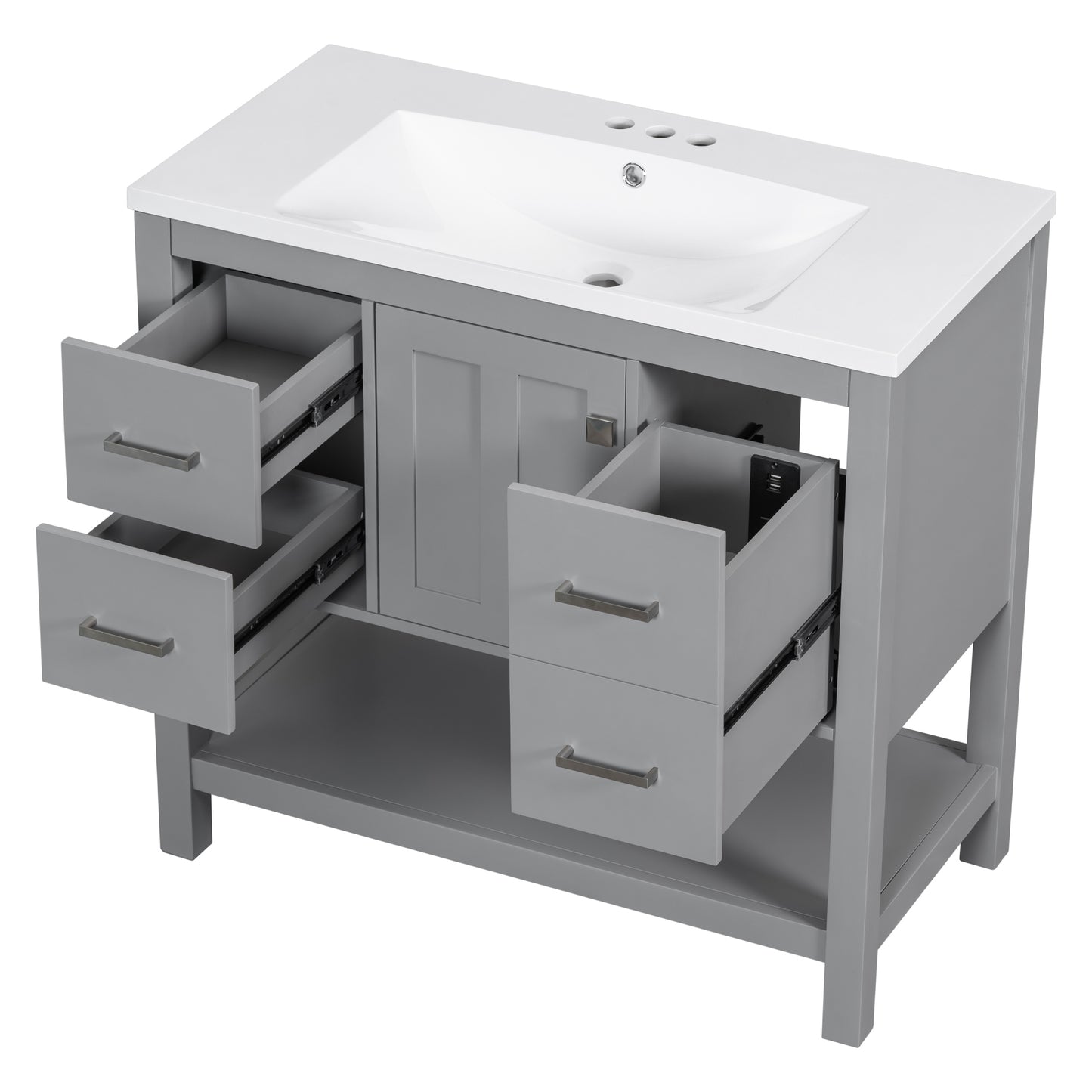 36" Gray Modern Bathroom Vanity with USB,Two Shallow Drawers, One Deep Drawer,One door,Single Resin Sink,Small Bathroom Organization Cabinet